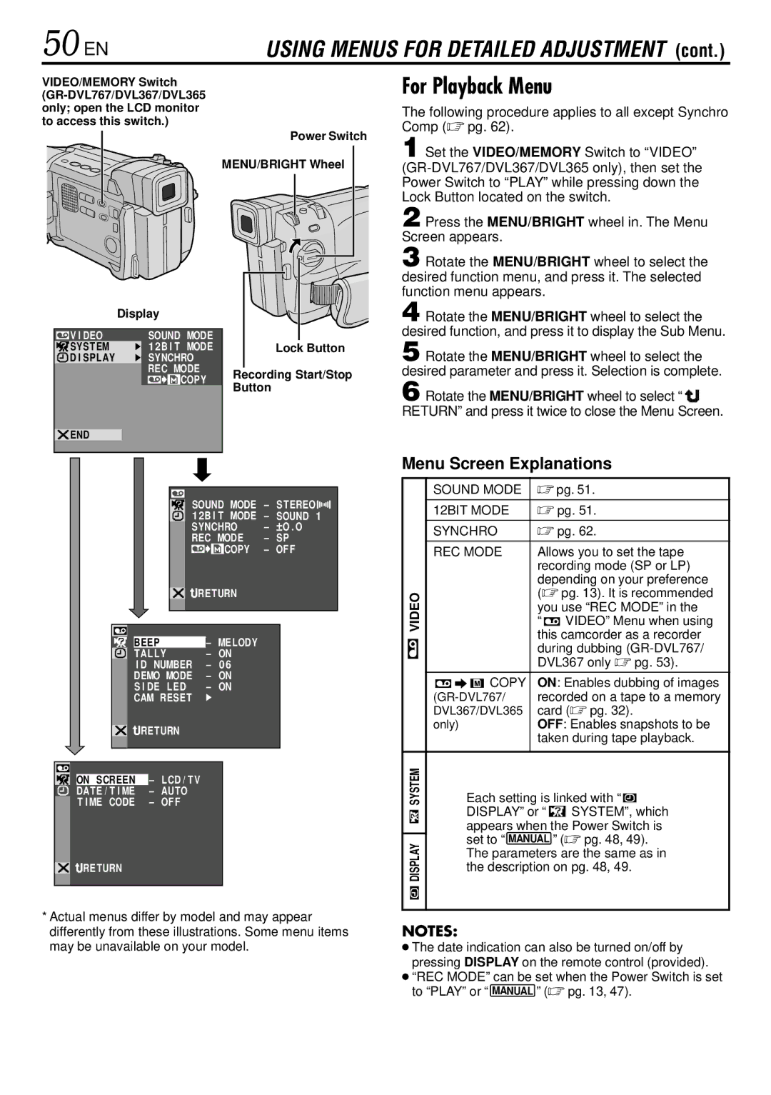 JVC GR-DVL367, GR-DVL160, GR-DVL365, GR-DVL767 specifications 50 EN, For Playback Menu 