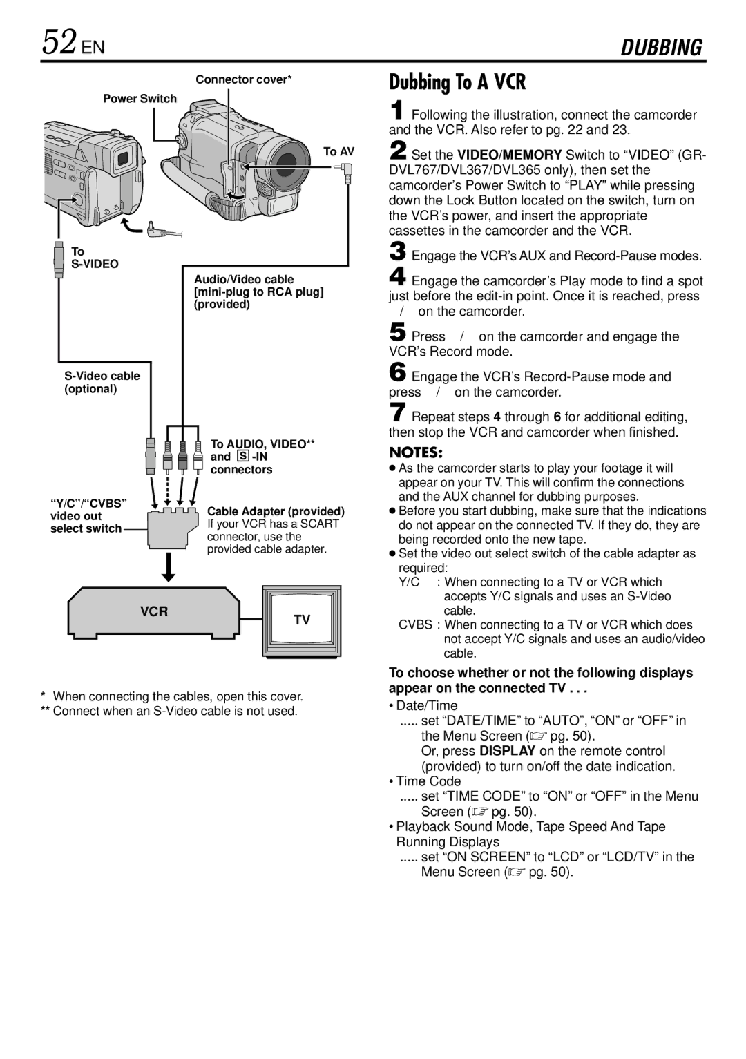 JVC GR-DVL365, GR-DVL367, GR-DVL160, GR-DVL767 specifications 52 EN, Dubbing To a VCR, Vcr 