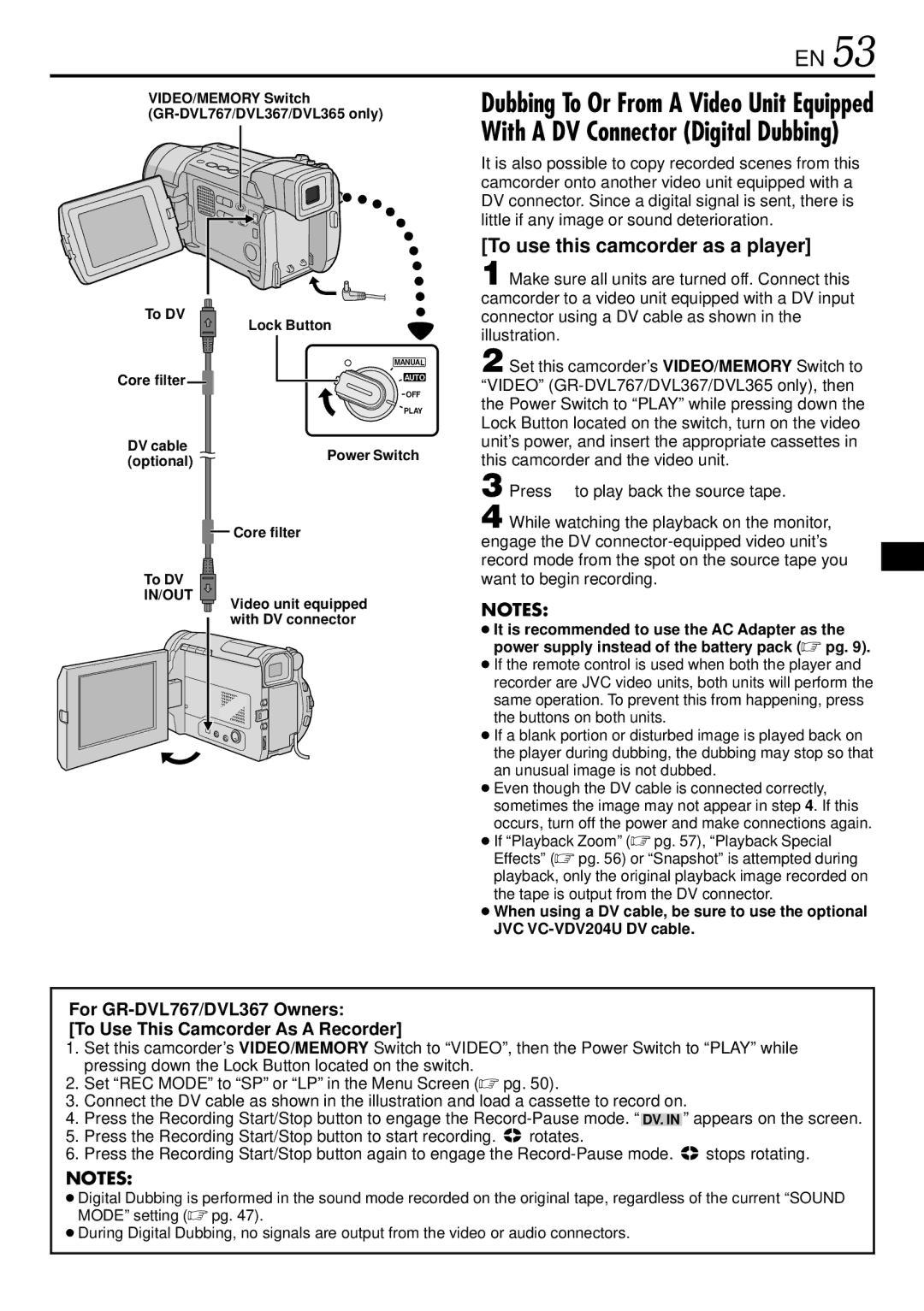 JVC GR-DVL767 To use this camcorder as a player, Want to begin recording, To DV Lock Button, Core filter DV cable optional 