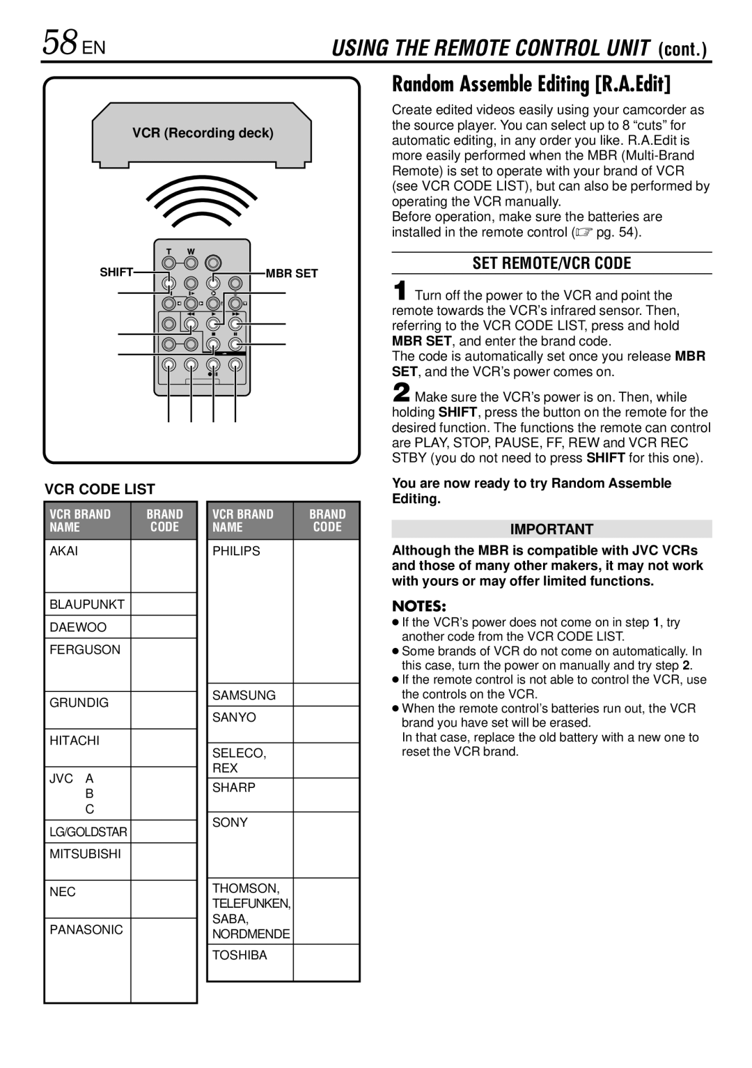 JVC GR-DVL767, GR-DVL367, GR-DVL160, GR-DVL365 specifications 58 EN, SET REMOTE/VCR Code, VCR Recording deck 