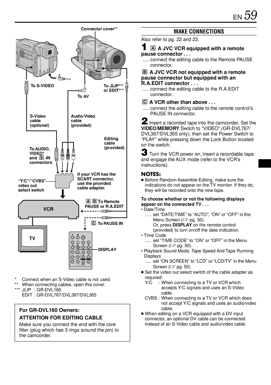 JVC GR-DVL367, GR-DVL160 Make Connections, Also refer to pg, Connect the editing cable to the Remote Pause connector 