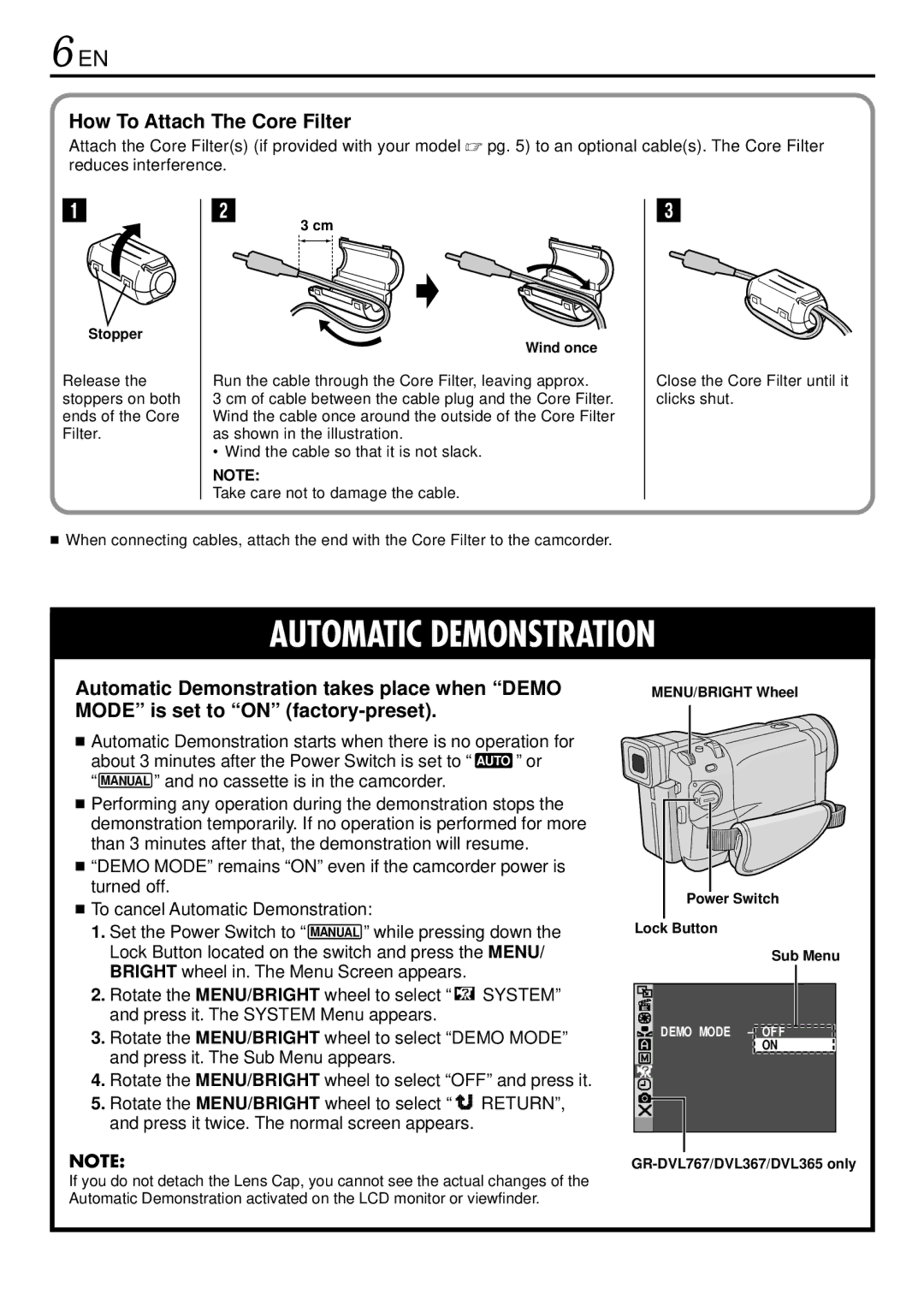 JVC GR-DVL160, GR-DVL367, GR-DVL365, GR-DVL767 specifications How To Attach The Core Filter, While pressing down 