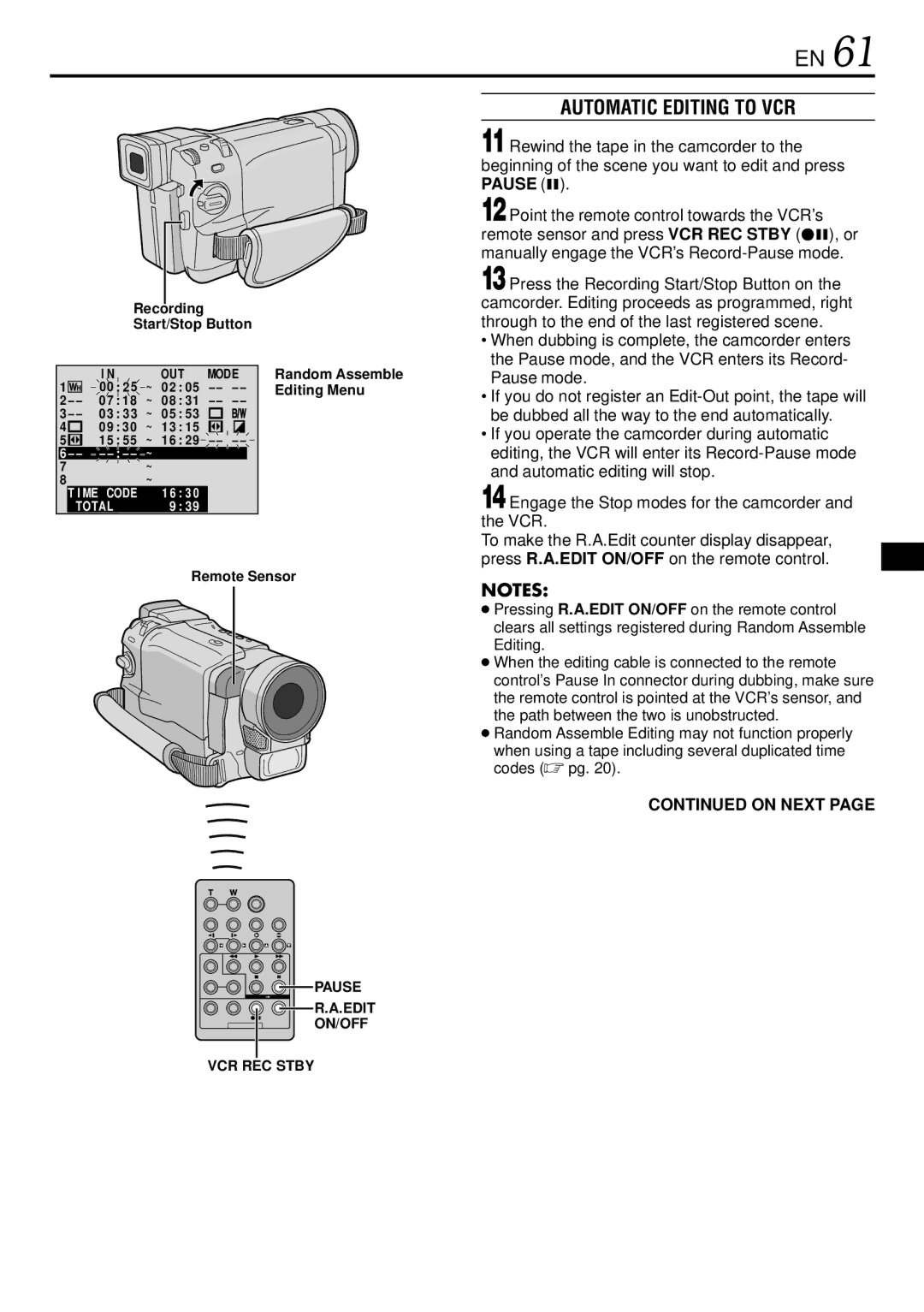 JVC GR-DVL160, GR-DVL367, GR-DVL365, GR-DVL767 specifications Automatic Editing to VCR, Pause Edit ON/OFF 