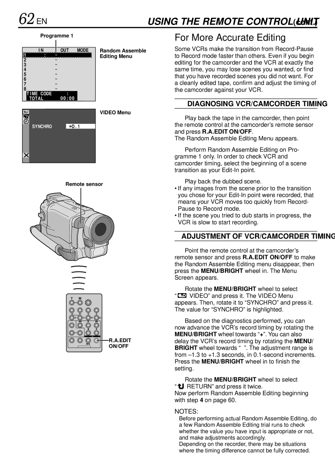 JVC GR-DVL365 62 EN, For More Accurate Editing, Diagnosing VCR/CAMCORDER Timing, Adjustment of VCR/CAMCORDER Timing 