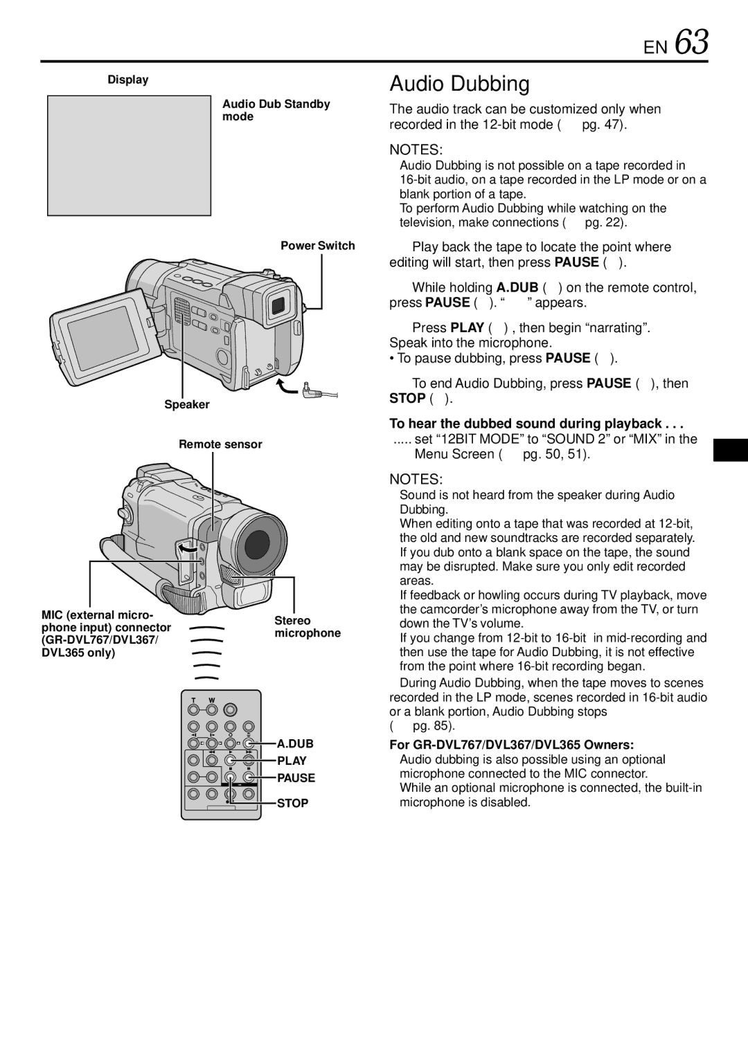 JVC GR-DVL767 Audio Dubbing, To hear the dubbed sound during playback, Set 12BIT Mode to Sound 2 or MIX Menu Screen  pg 