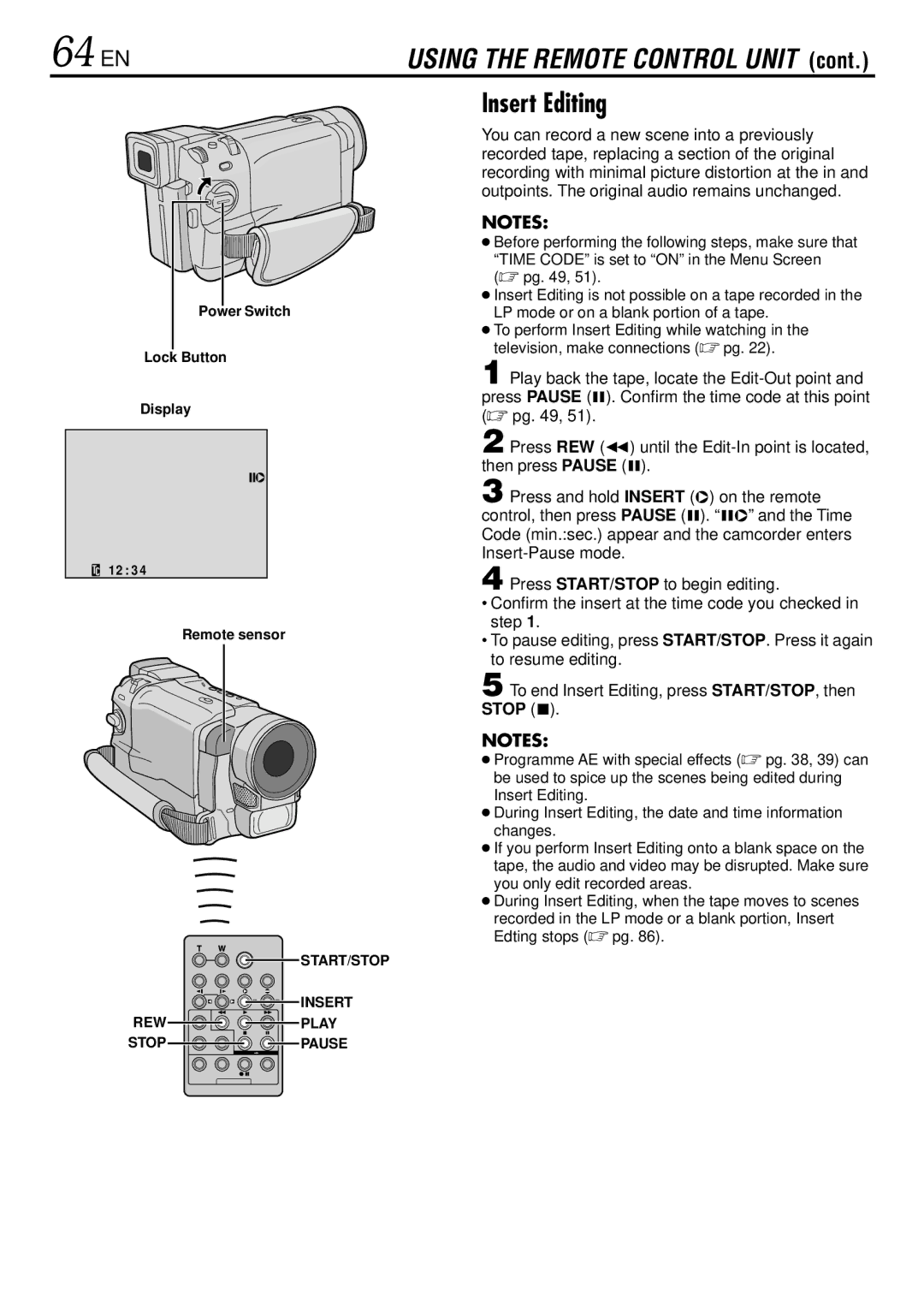 JVC GR-DVL367, GR-DVL160, GR-DVL365, GR-DVL767 specifications 64 EN, Insert Editing 