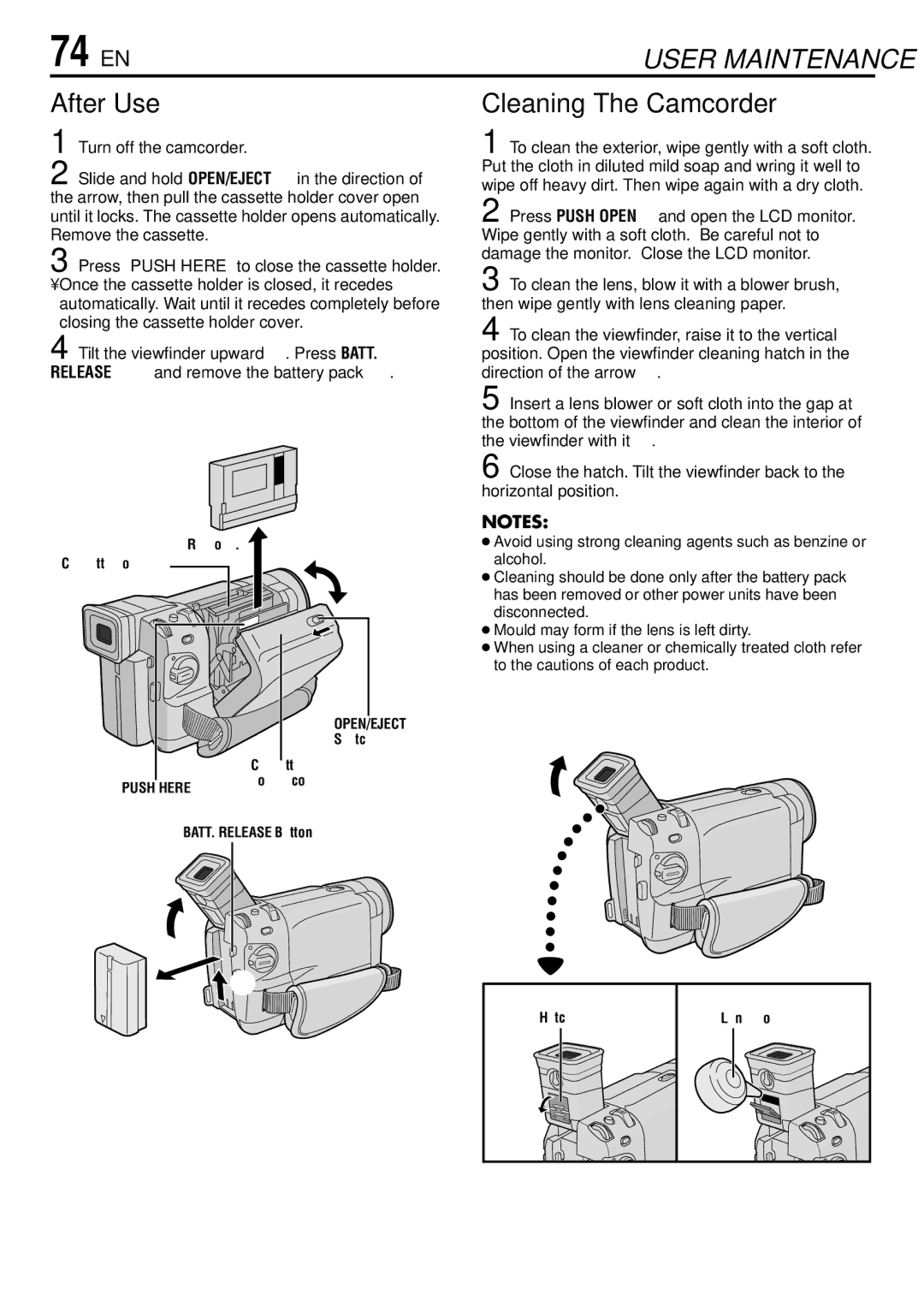 JVC GR-DVL367, GR-DVL160, GR-DVL365, GR-DVL767 specifications 74 EN, After Use, Cleaning The Camcorder 