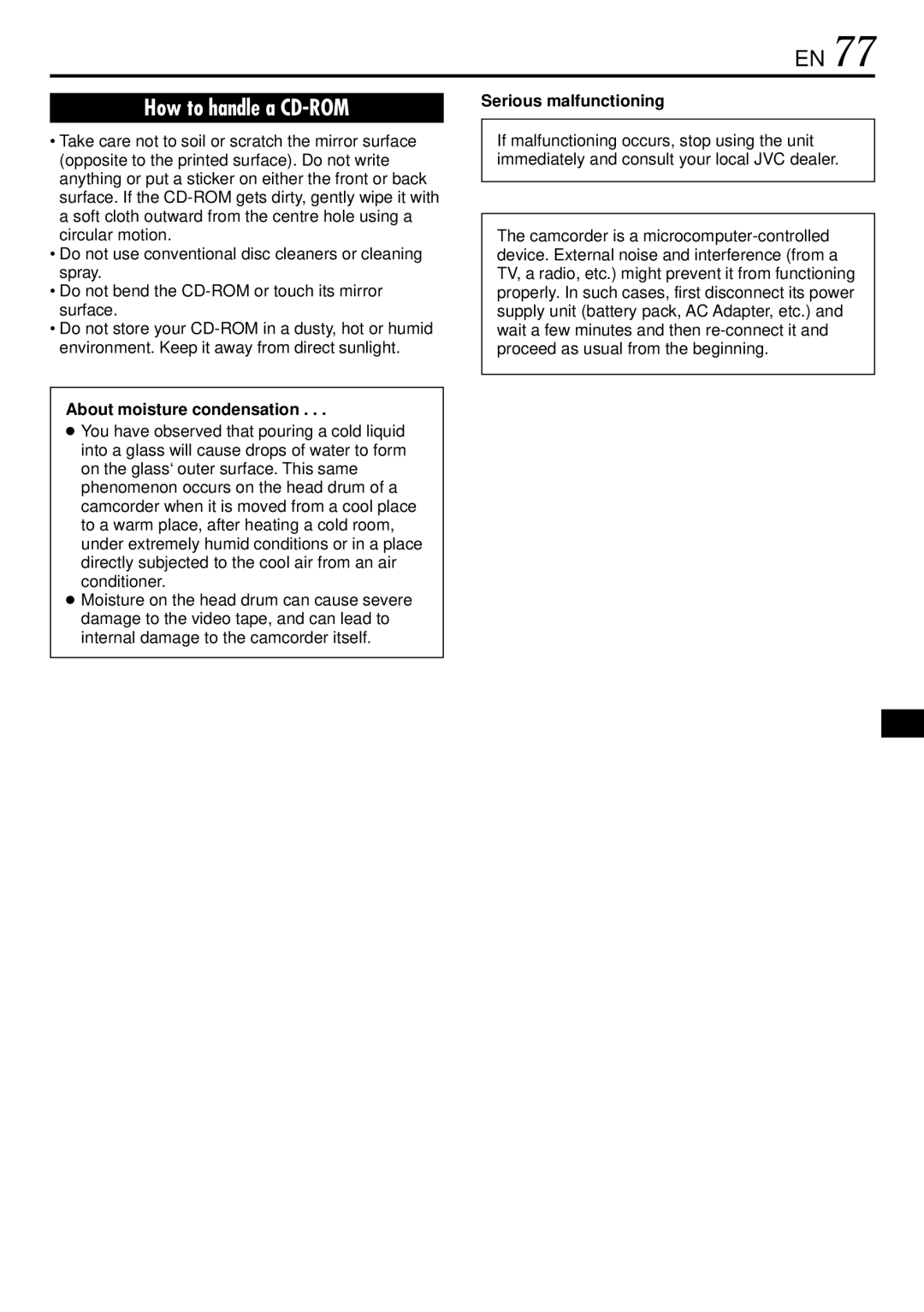 JVC GR-DVL365, GR-DVL367, GR-DVL160, GR-DVL767 specifications About moisture condensation, Serious malfunctioning 