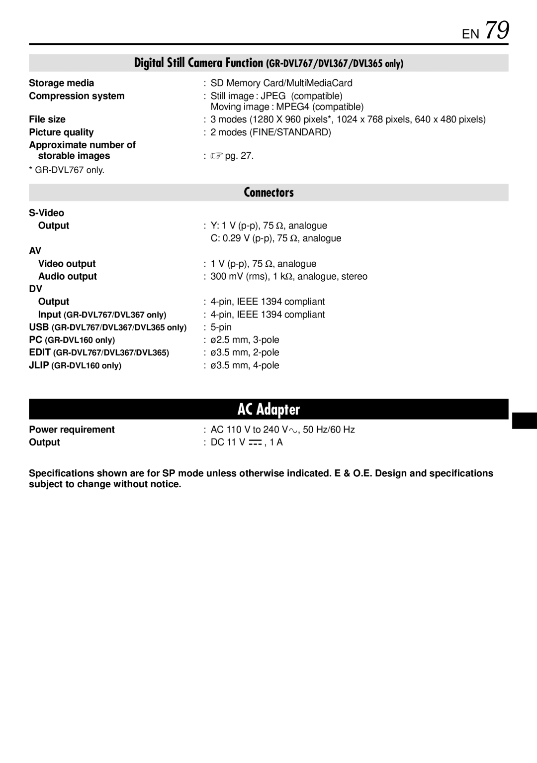 JVC GR-DVL367 Storage media, Compression system, File size, Picture quality, Approximate number, Storable images 