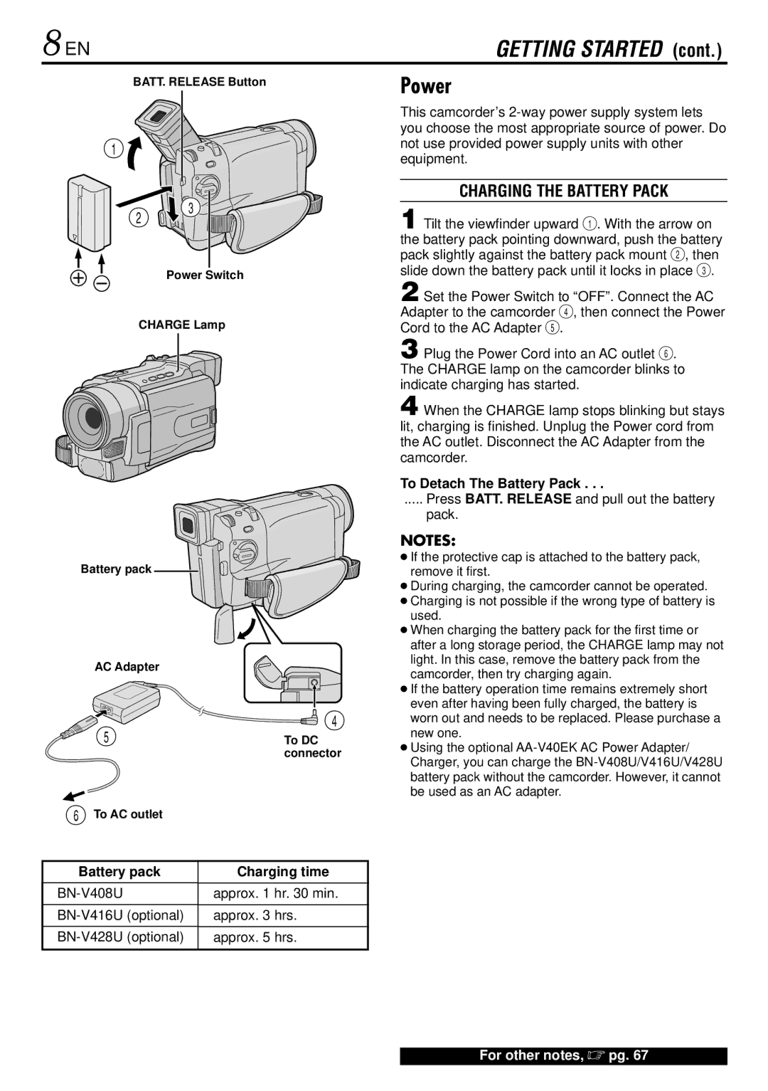 JVC GR-DVL767, GR-DVL367 Power, Charging the Battery Pack, Battery pack Charging time, To Detach The Battery Pack 