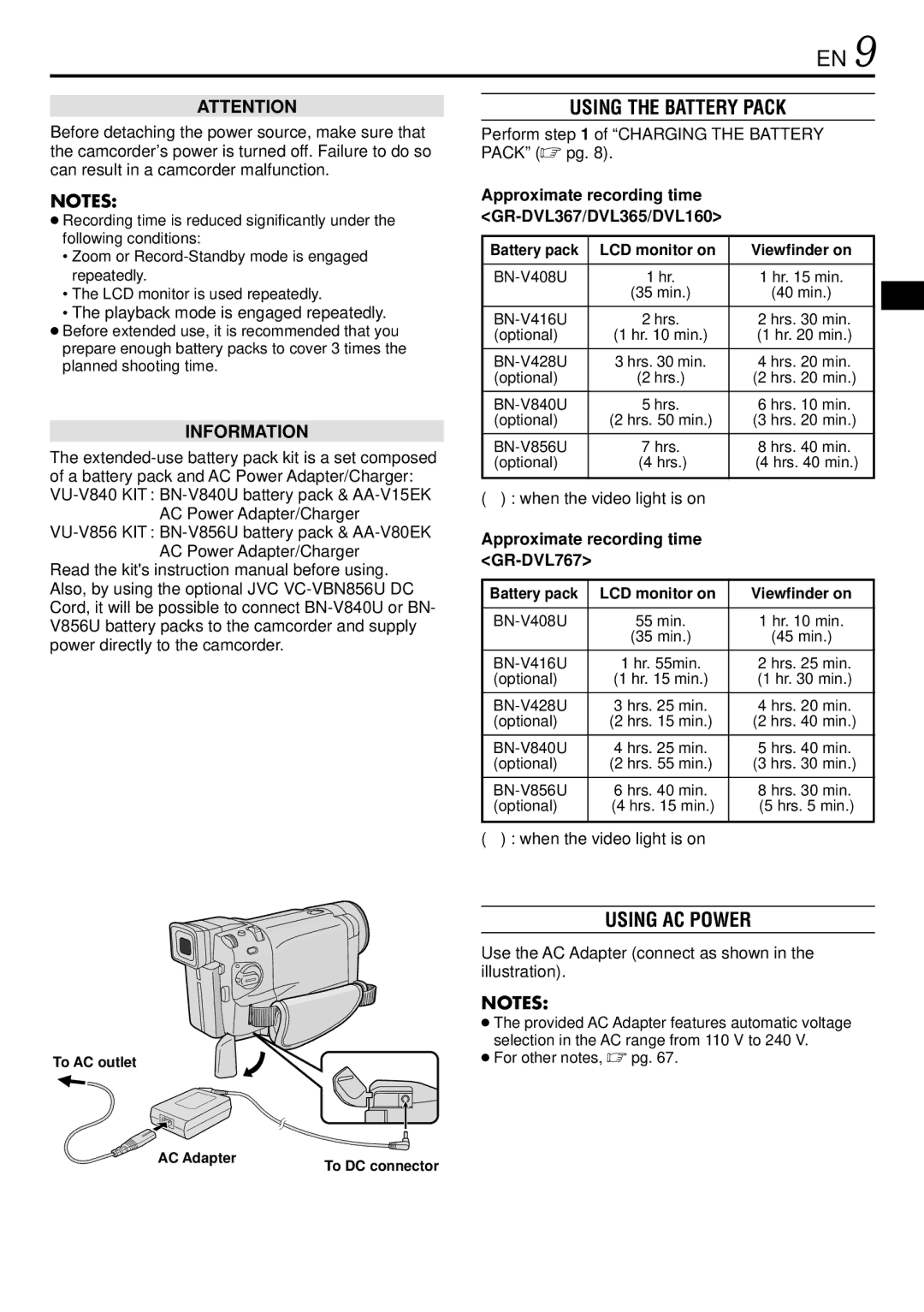 JVC GR-DVL160, GR-DVL365 Using the Battery Pack, Using AC Power, Approximate recording time GR-DVL367/DVL365/DVL160 