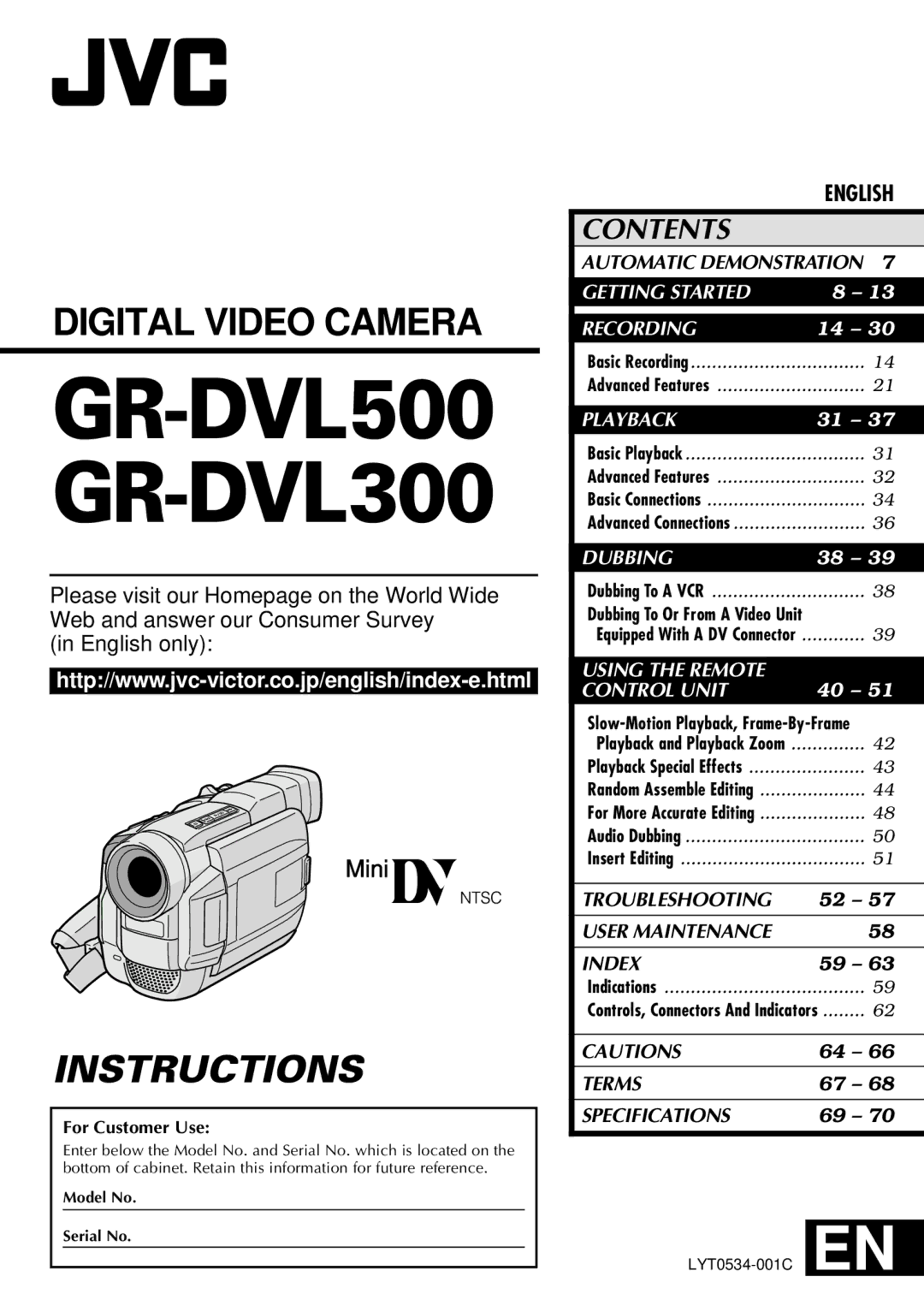 JVC specifications GR-DVL500 GR-DVL300 