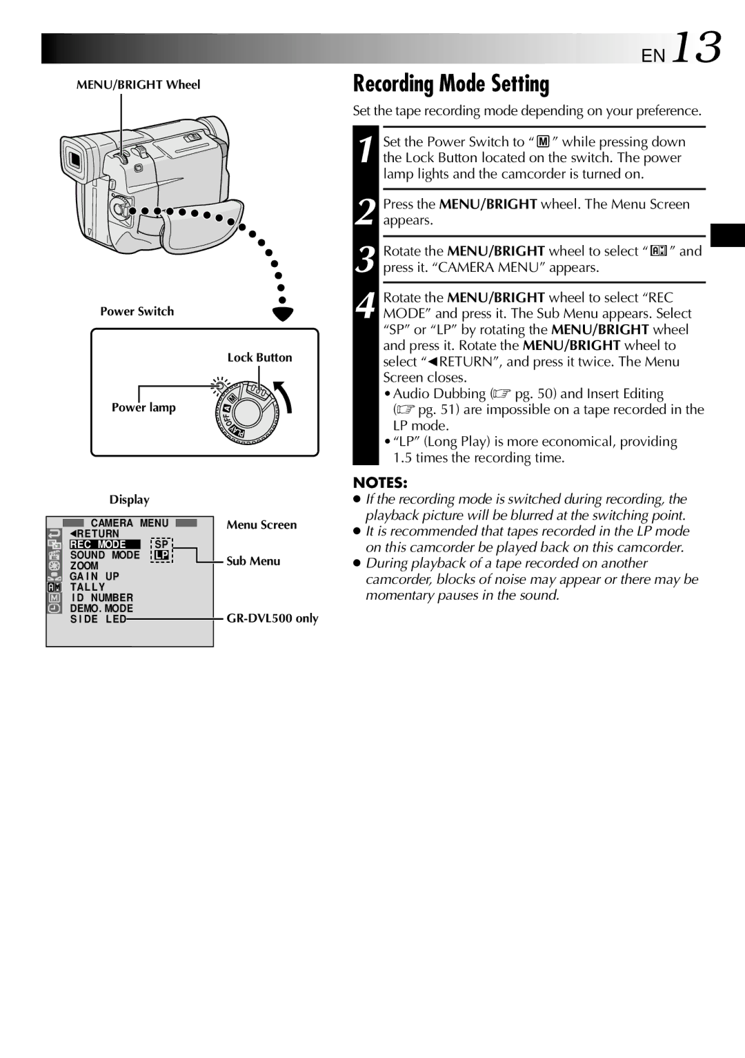 JVC GR-DVL500 specifications Recording Mode Setting, EN13, Set the tape recording mode depending on your preference 