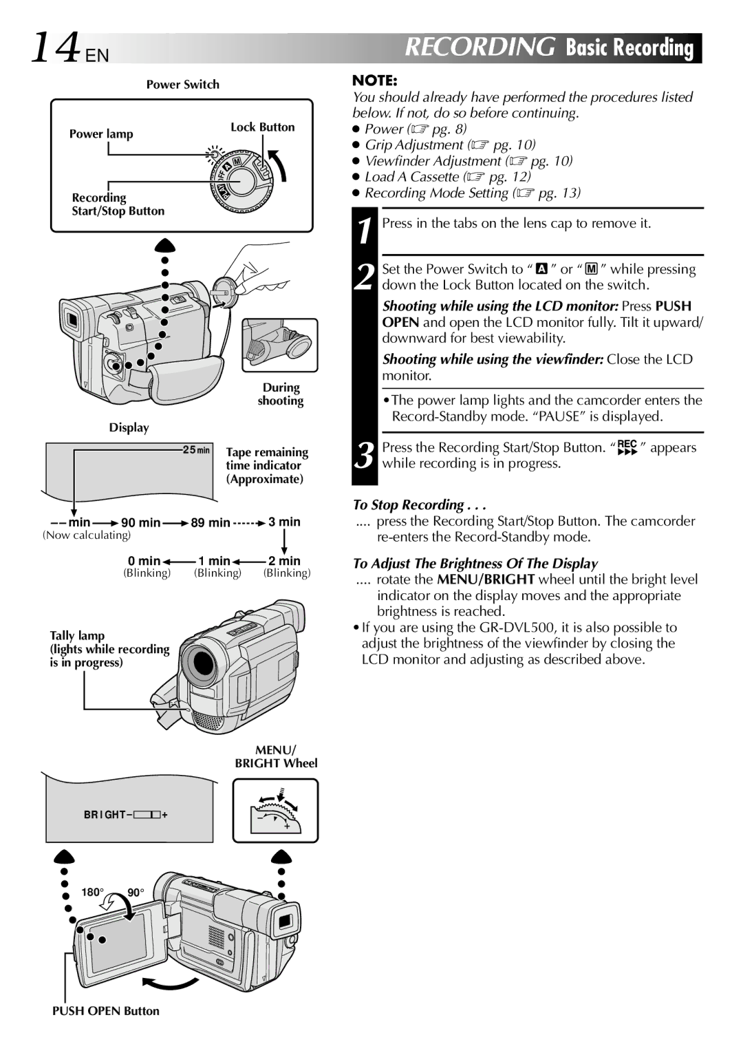 JVC GR-DVL500 14 EN, Power  pg, Load a Cassette  pg, To Stop Recording, To Adjust The Brightness Of The Display 