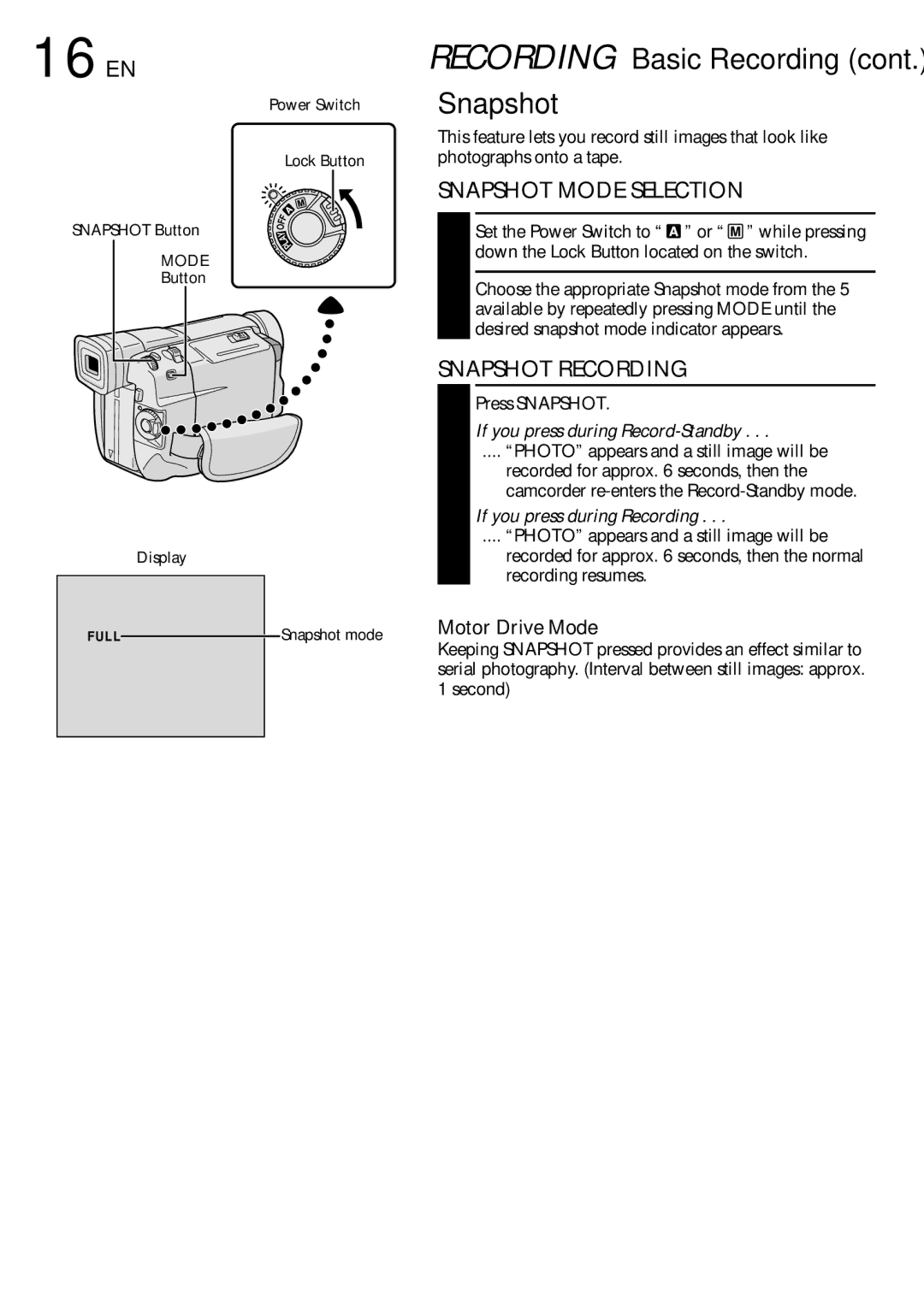 JVC GR-DVL500 specifications 16 EN, Snapshot Mode Selection, Snapshot Recording, Motor Drive Mode 