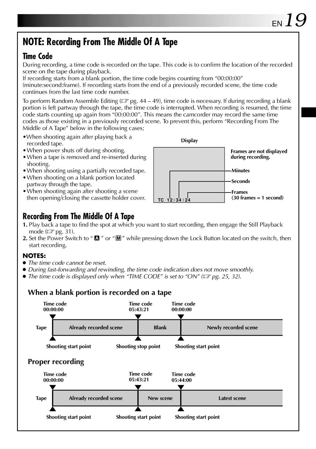 JVC GR-DVL500 specifications EN19, When a blank portion is recorded on a tape, Proper recording 