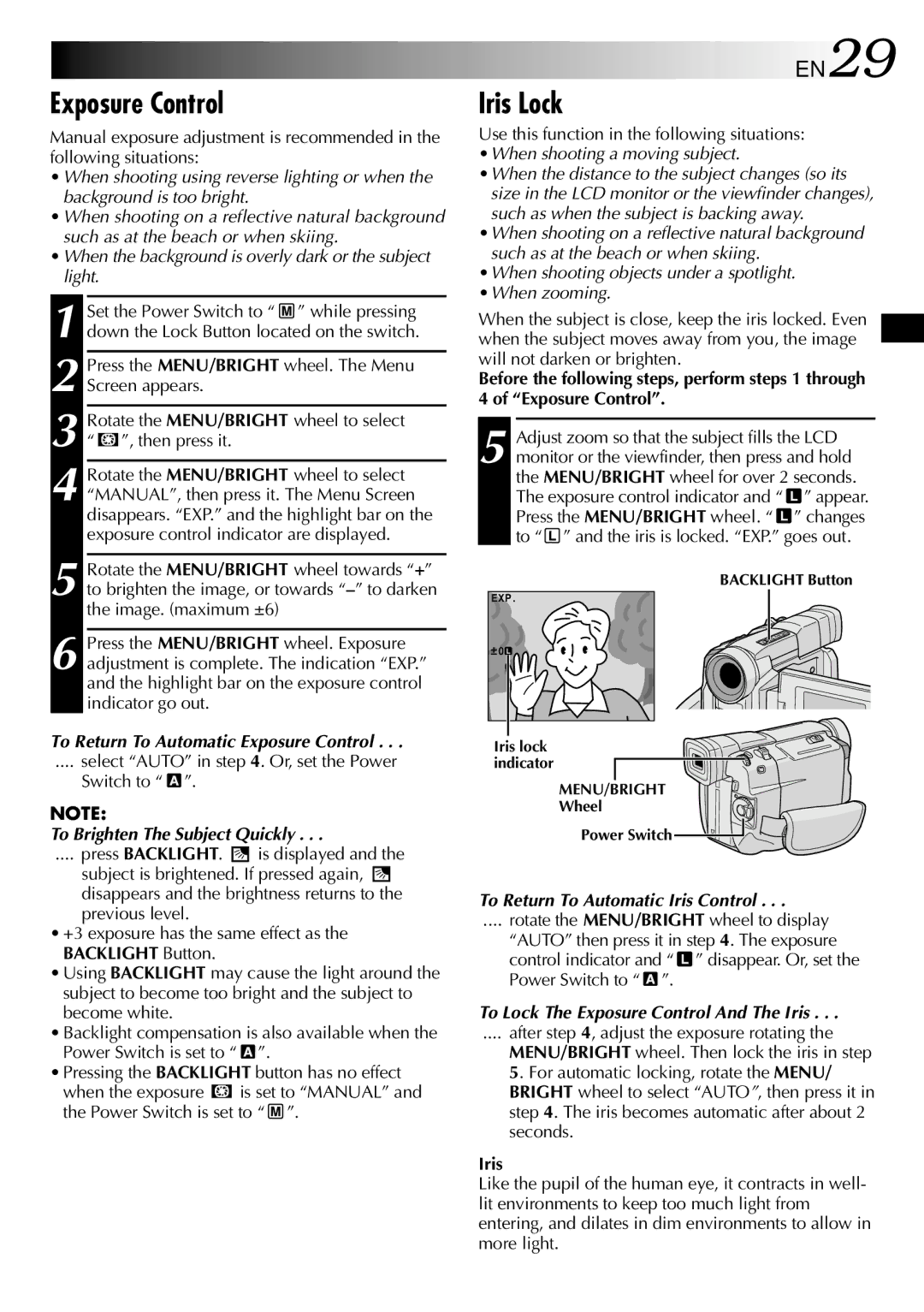 JVC GR-DVL500 specifications Exposure Control, Iris Lock, EN29 