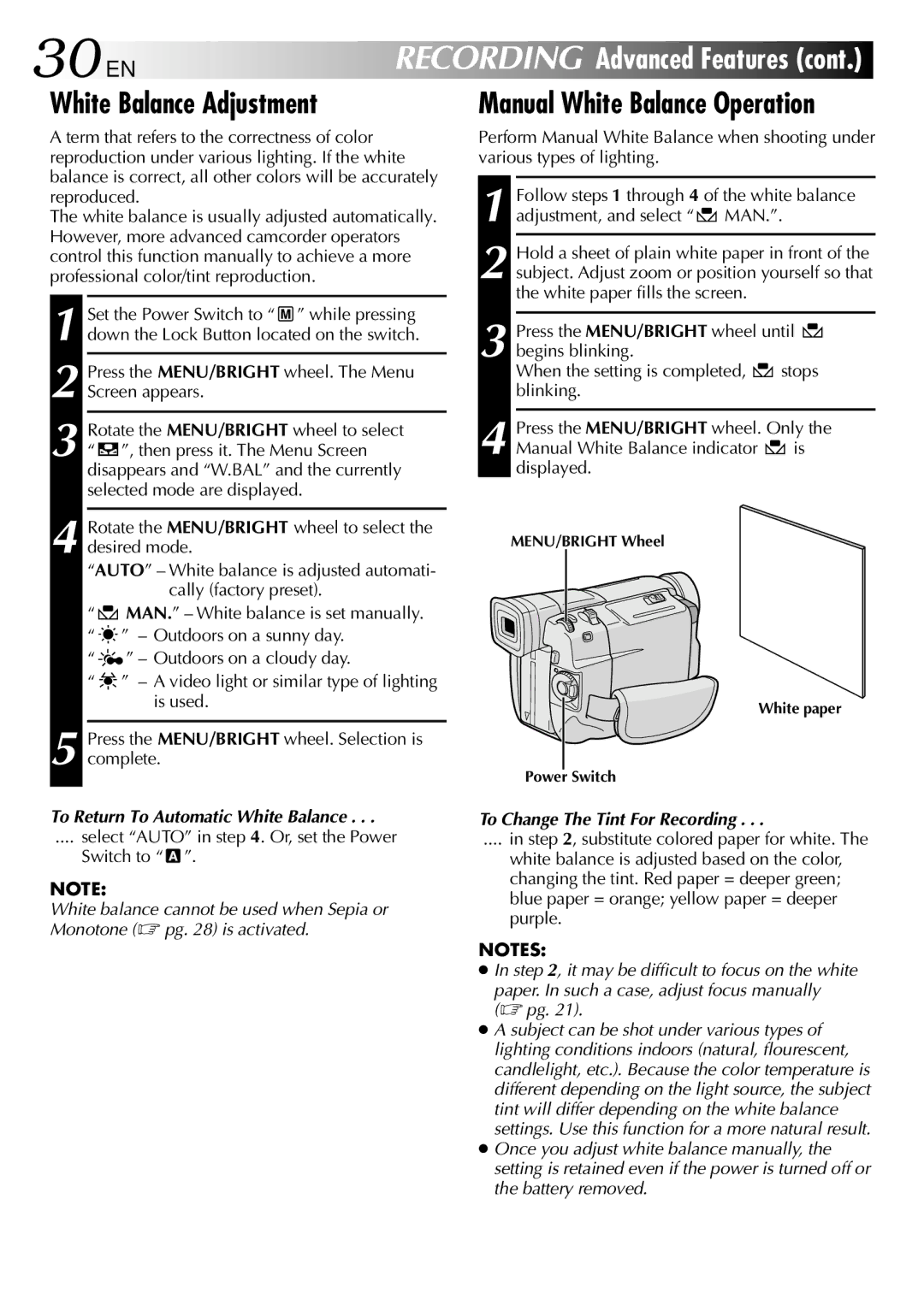 JVC GR-DVL500 30 EN, White Balance Adjustment, To Return To Automatic White Balance, To Change The Tint For Recording 