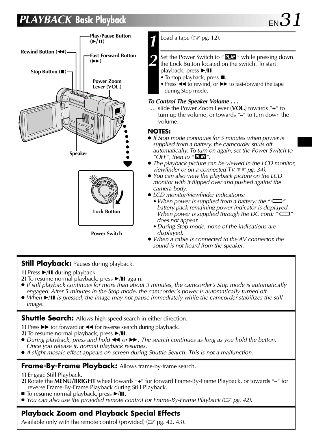 JVC GR-DVL500 specifications EN31, Playback Zoom and Playback Special Effects, To Control The Speaker Volume, OFF, then to 