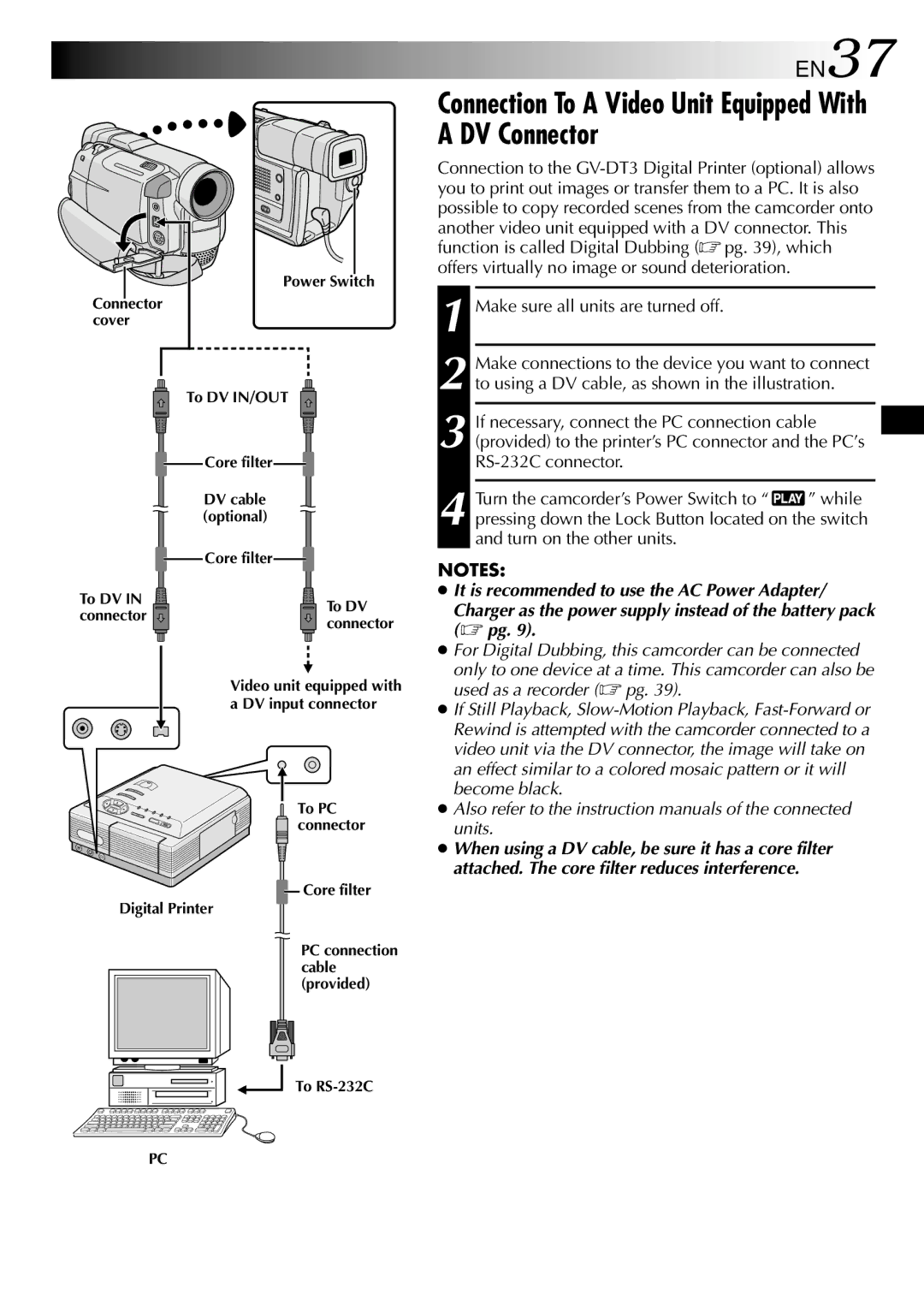 JVC GR-DVL500 Connection To a Video Unit Equipped With a DV Connector, EN37, Make sure all units are turned off 