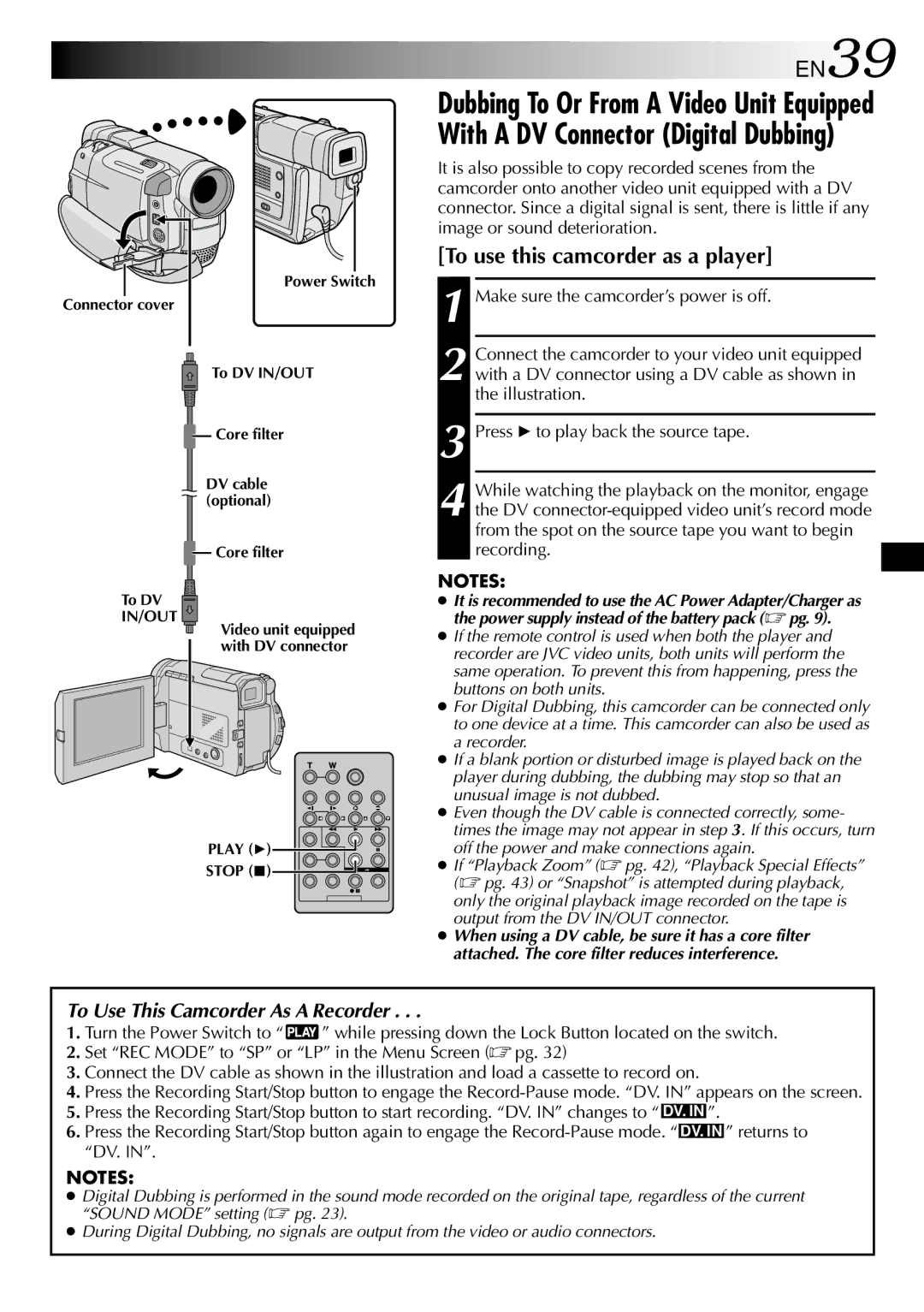 JVC GR-DVL500 specifications EN39, To use this camcorder as a player, Make sure the camcorder’s power is off 