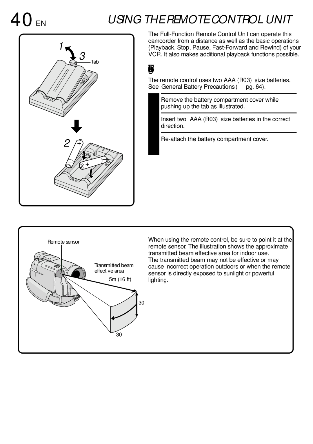 JVC GR-DVL500 specifications 40 EN, Installing The Batteries, Re-attach the battery compartment cover 