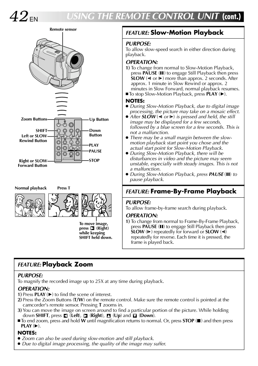 JVC GR-DVL500 specifications 42 EN, Feature Slow-Motion Playback, Feature Frame-By-Frame Playback, Feature Playback Zoom 