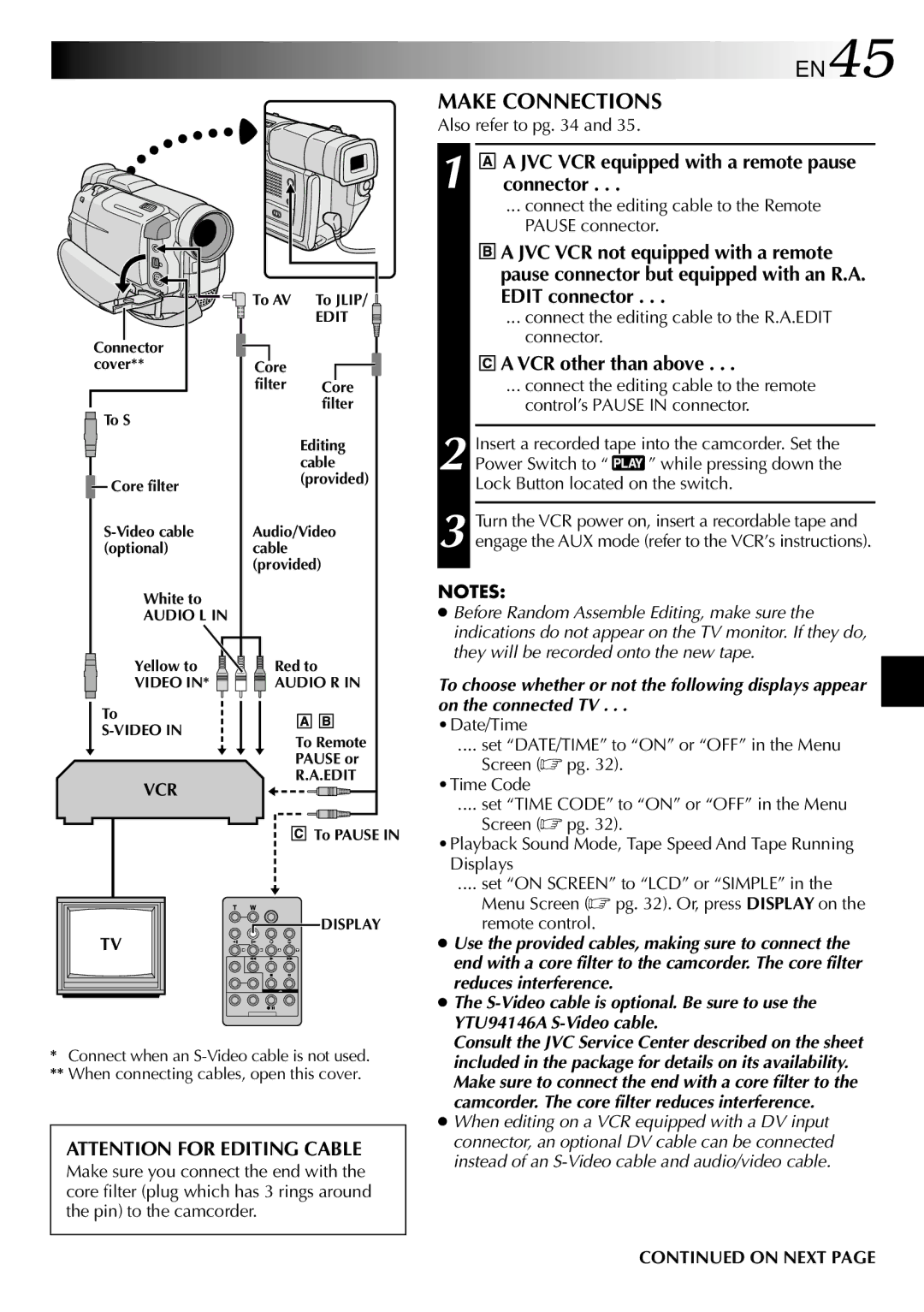 JVC GR-DVL500 specifications EN45, Make Connections, JVC VCR equipped with a remote pause connector, VCR other than above 