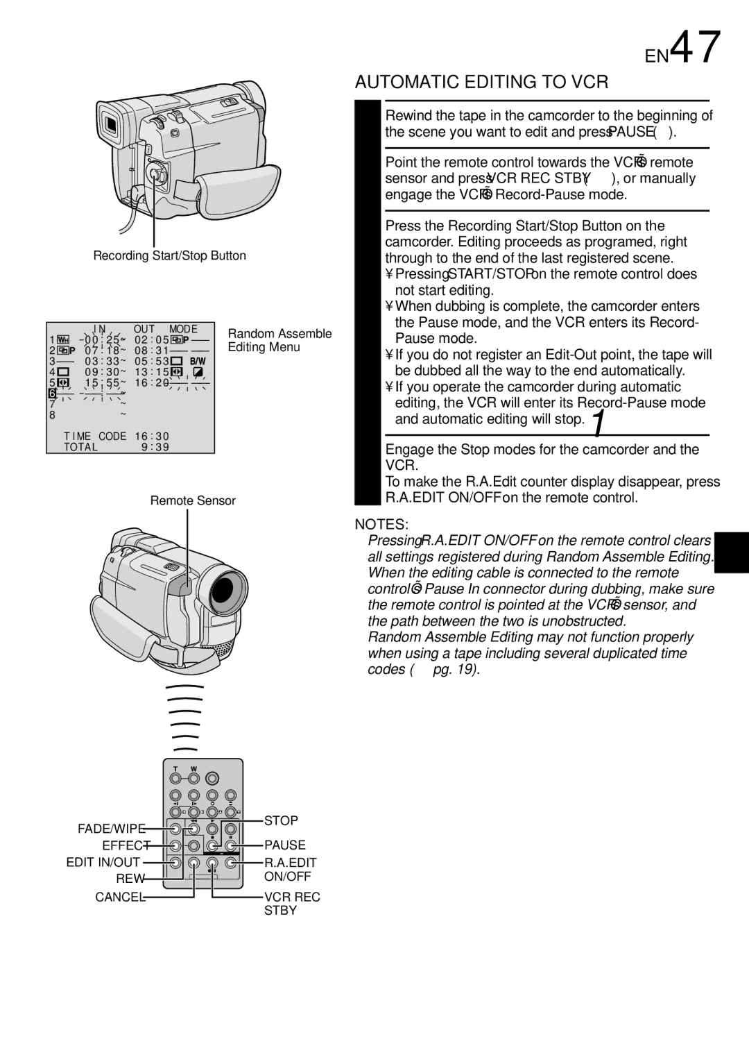 JVC GR-DVL500 specifications EN47, Automatic Editing to VCR 