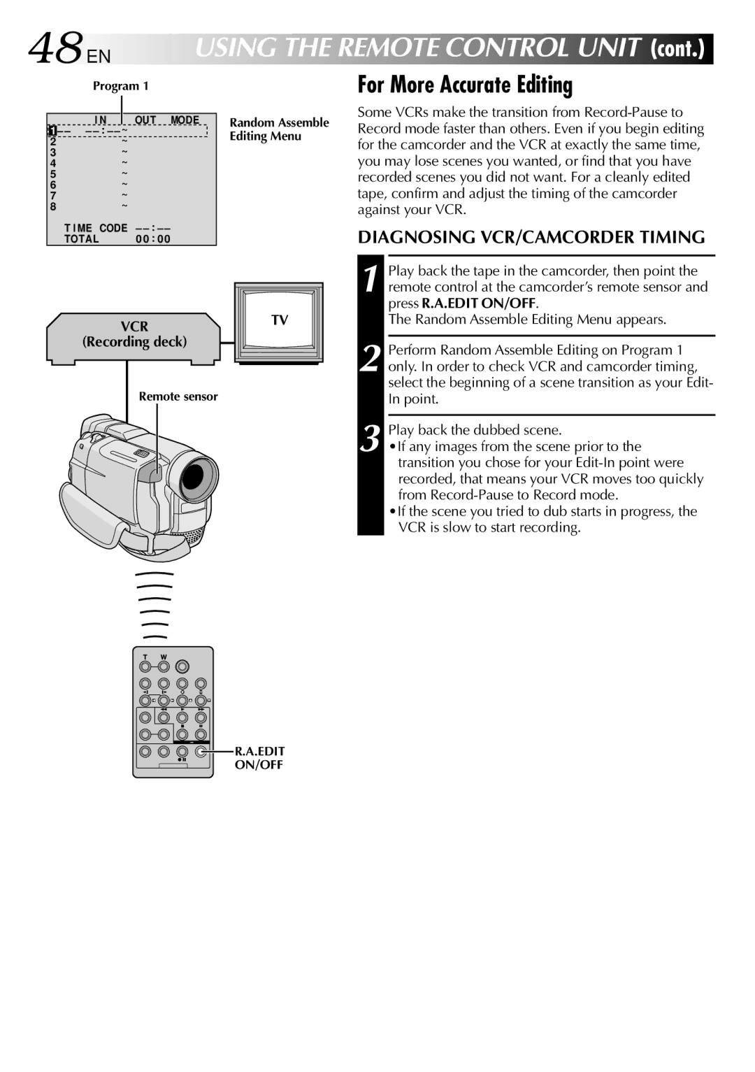 JVC GR-DVL500 specifications 48 EN, For More Accurate Editing, Diagnosing VCR/CAMCORDER Timing, Recording deck 