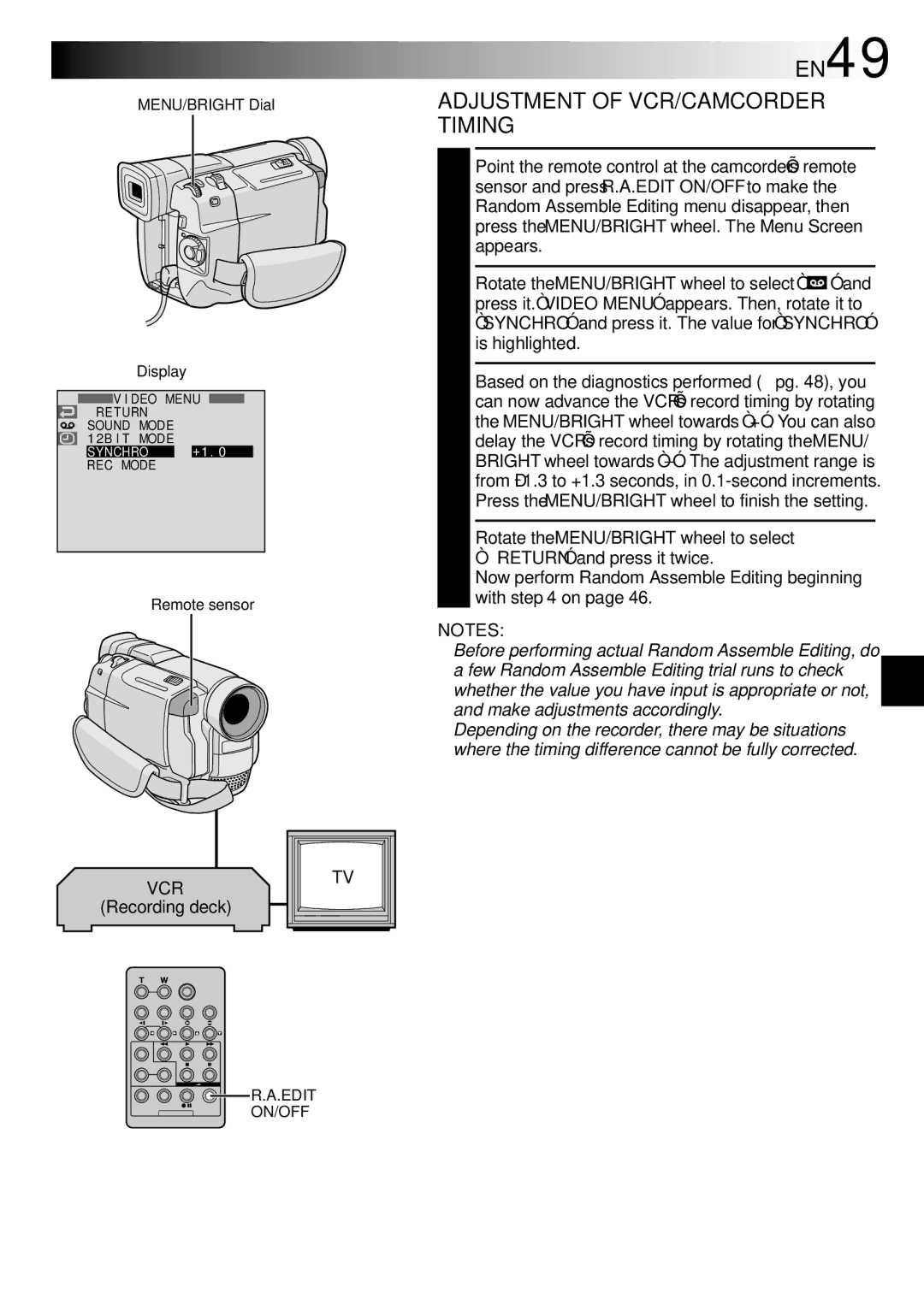 JVC GR-DVL500 specifications EN49, Adjustment of VCR/CAMCORDER Timing 