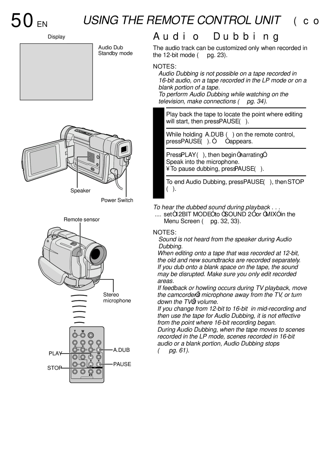 JVC GR-DVL500 specifications 50 EN, Audio Dubbing, To hear the dubbed sound during playback 