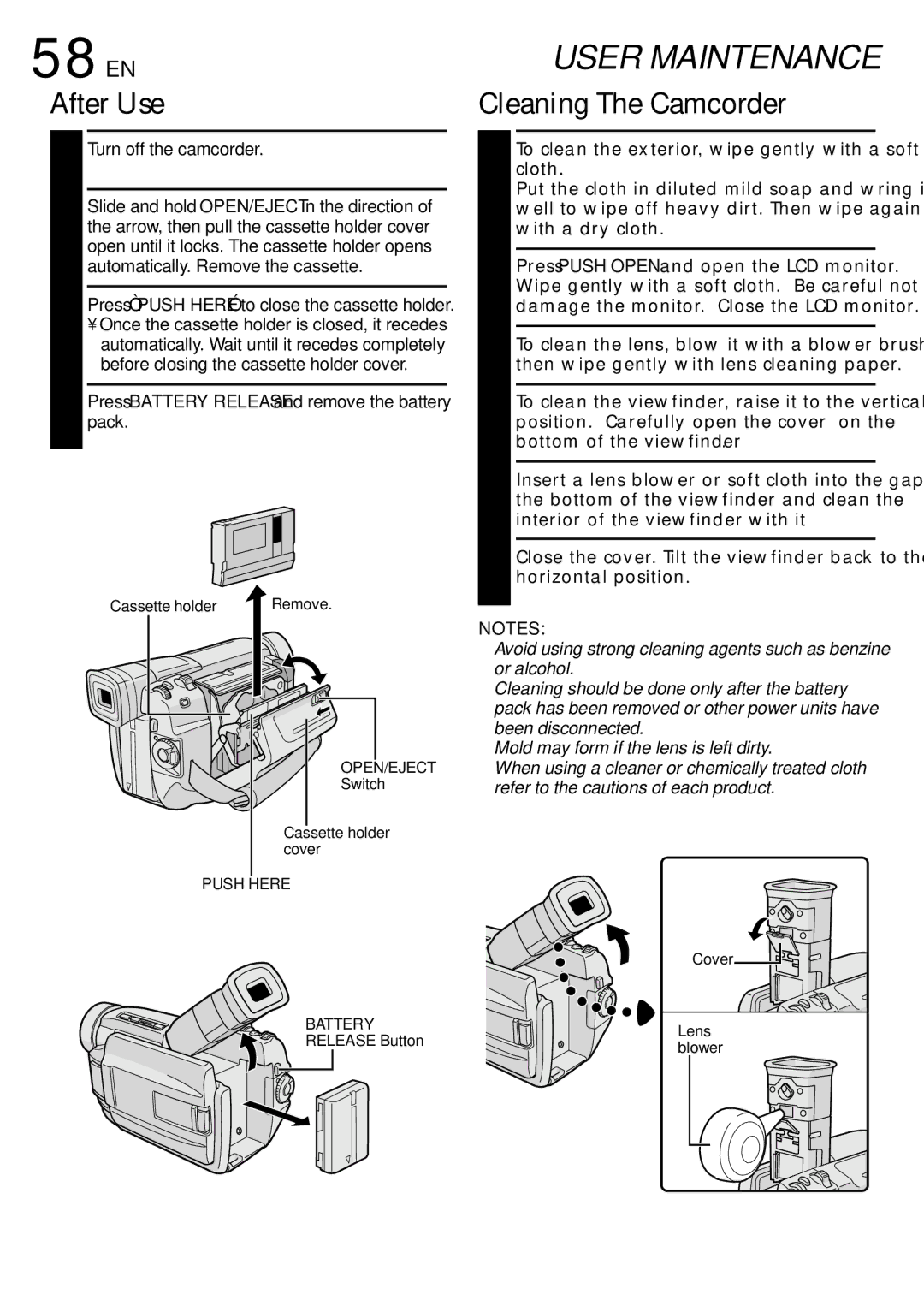 JVC GR-DVL500 specifications 58 EN, After Use, Cleaning The Camcorder 