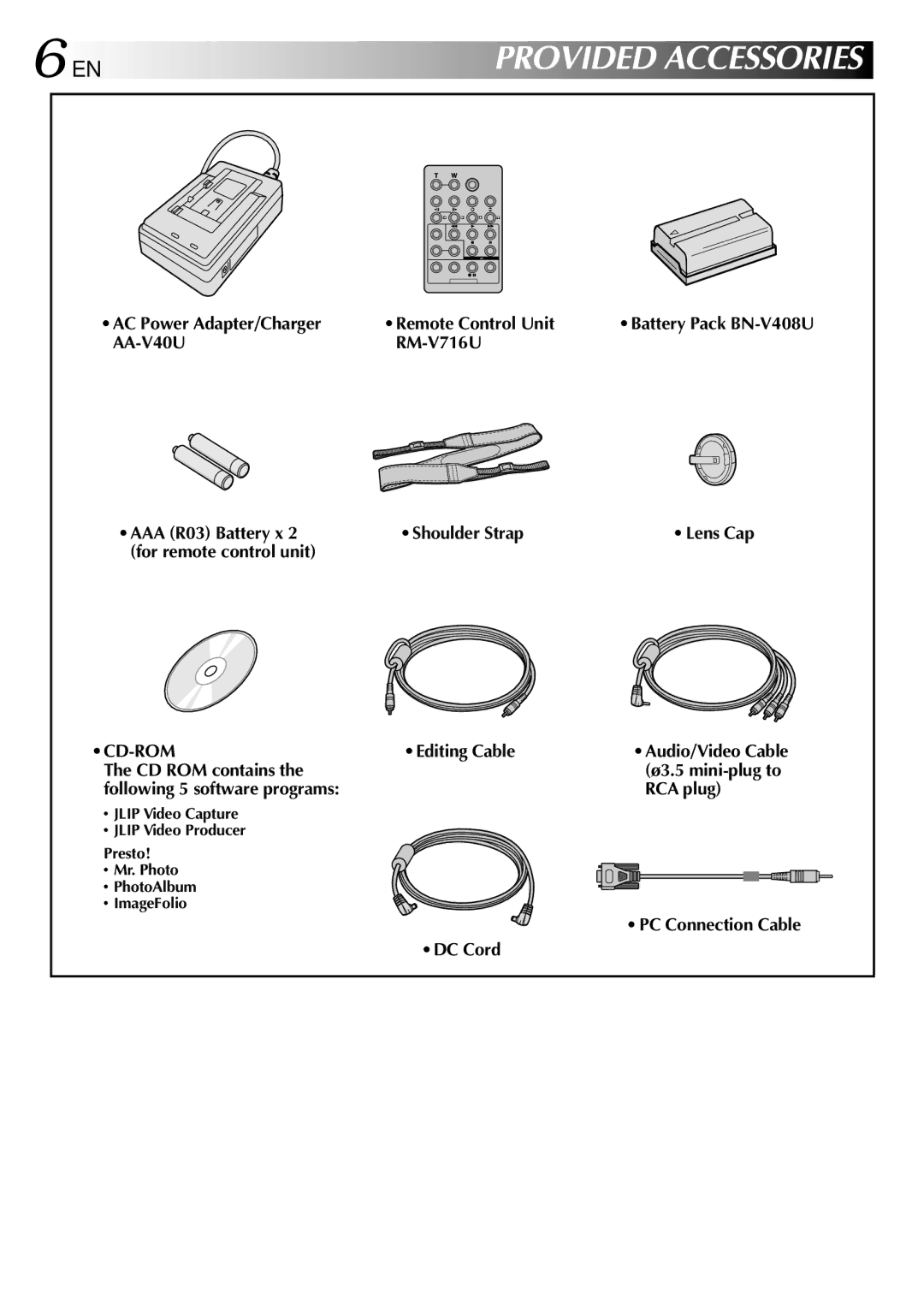 JVC GR-DVL500 AC Power Adapter/Charger Remote Control Unit, AA-V40U RM-V716U AAA R03 Battery x Shoulder Strap 