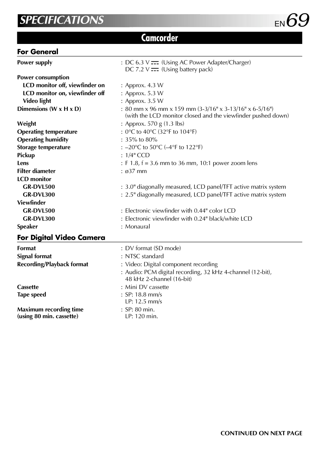 JVC GR-DVL500 specifications EN69, For General, For Digital Video Camera 