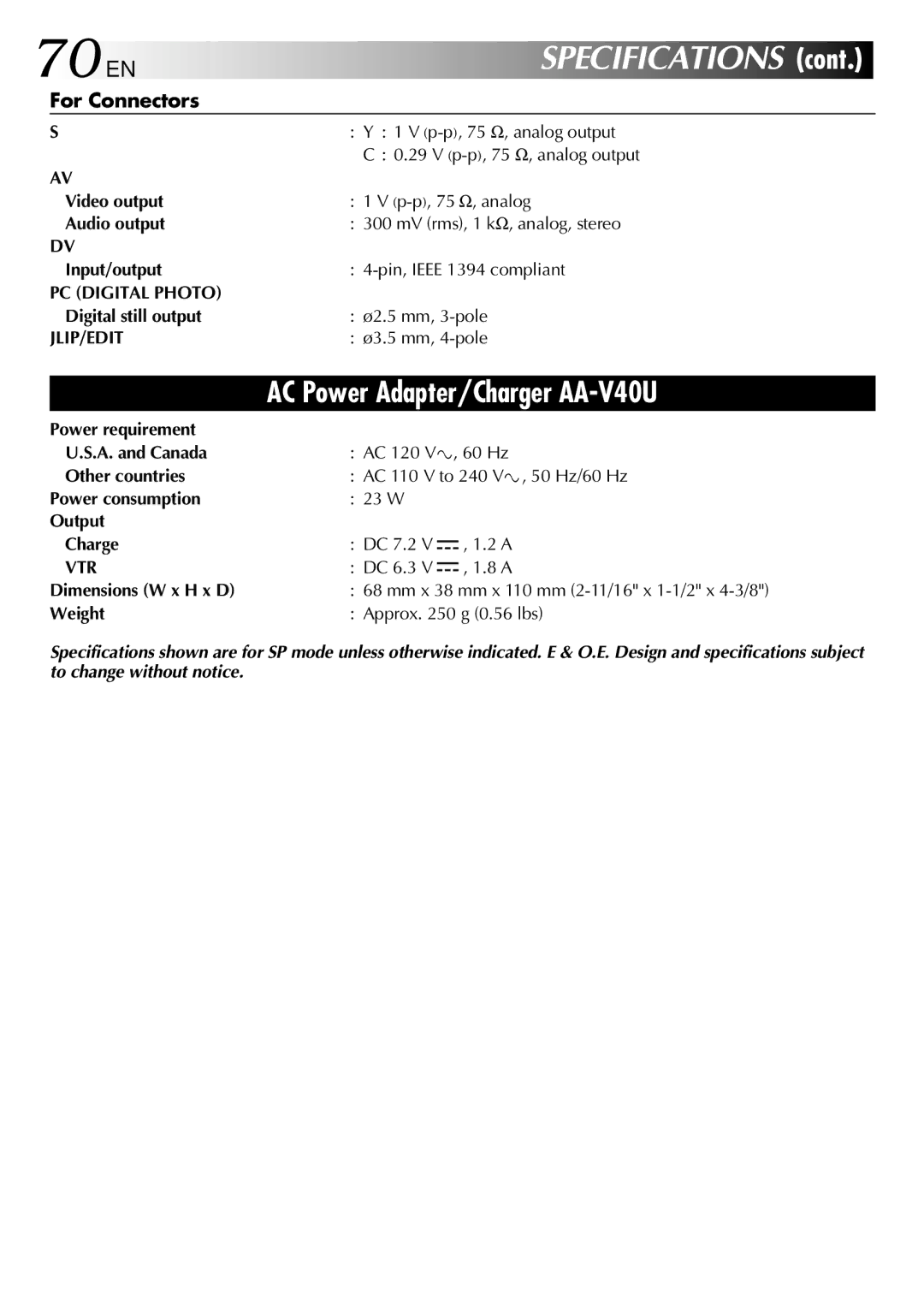 JVC GR-DVL500 specifications 70 EN, For Connectors 