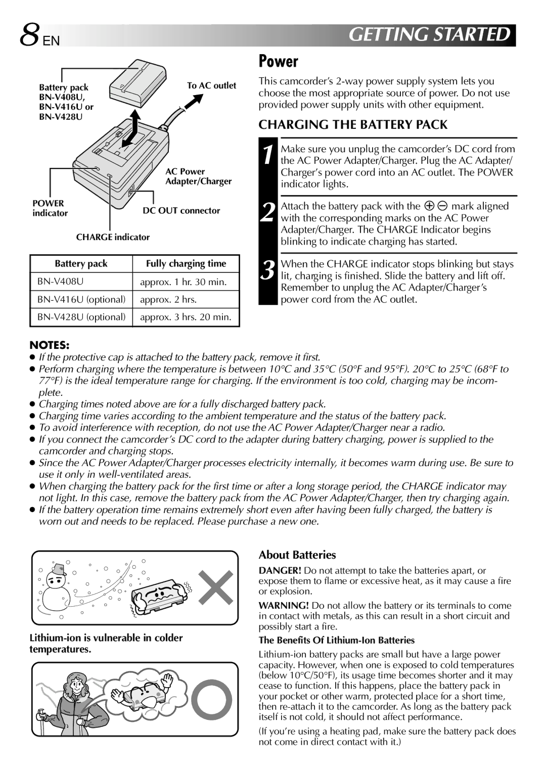 JVC GR-DVL500 Power, Charging the Battery Pack, About Batteries, Lithium-ion is vulnerable in colder temperatures 