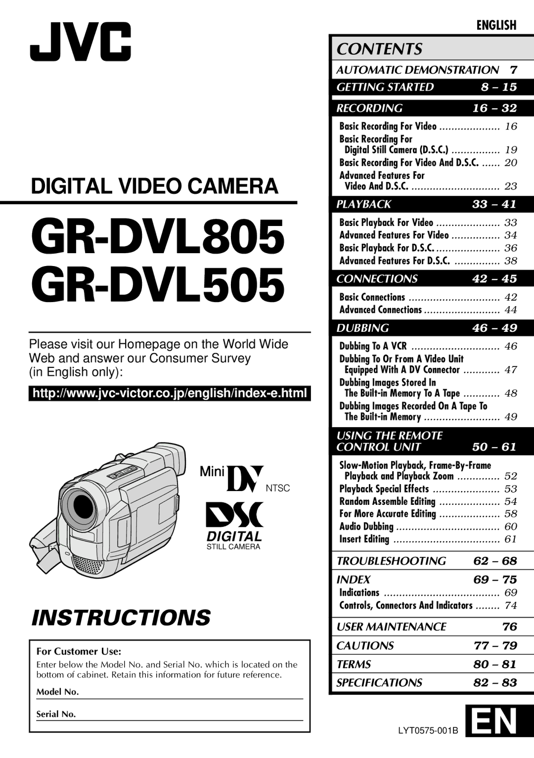 JVC specifications GR-DVL805 GR-DVL505 