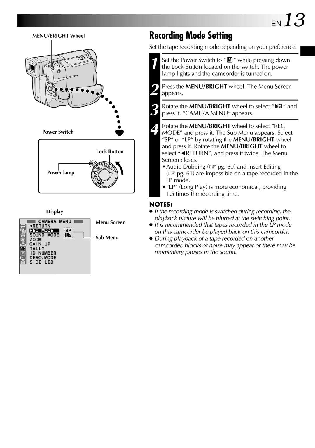 JVC GR-DVL805, GR-DVL505 Recording Mode Setting, EN13, Set the tape recording mode depending on your preference 