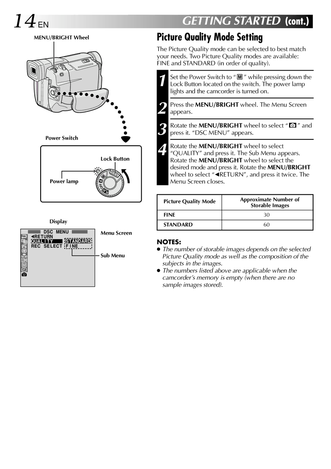 JVC GR-DVL505, GR-DVL805 specifications 14 EN, Picture Quality Mode Setting 