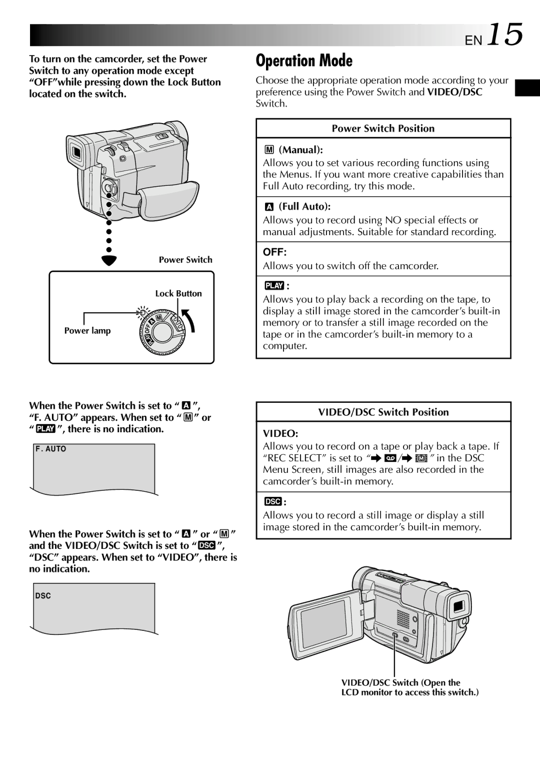 JVC GR-DVL805, GR-DVL505 Operation Mode, EN15, Power Switch Position Manual, Full Auto, VIDEO/DSC Switch Position 