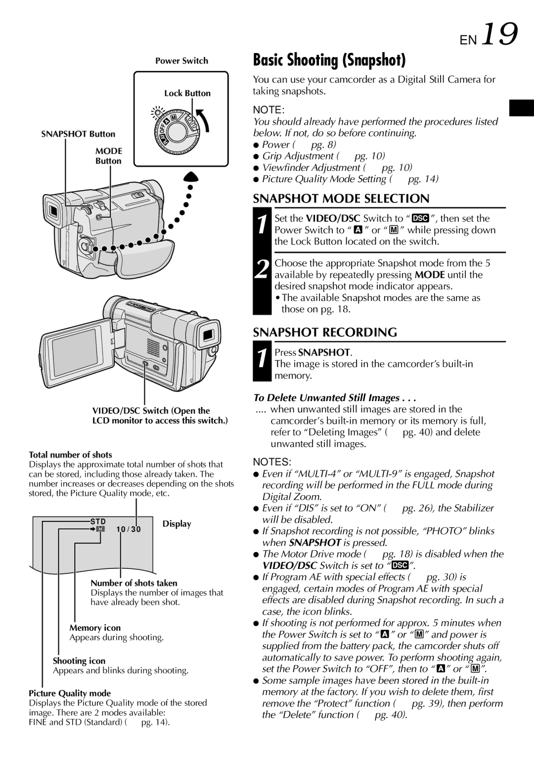 JVC GR-DVL805, GR-DVL505 specifications Basic Shooting Snapshot, Available Snapshot modes are the same as those on pg 