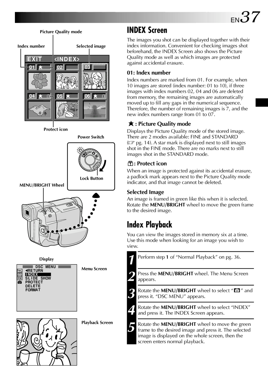 JVC GR-DVL805, GR-DVL505 specifications Index Screen, Index Playback, EN37 