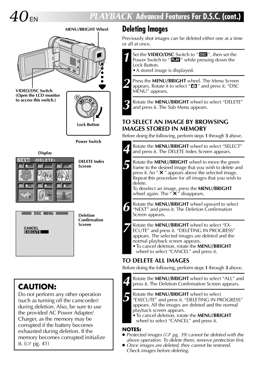 JVC GR-DVL505, GR-DVL805 specifications 40 EN, To Delete ALL Images 