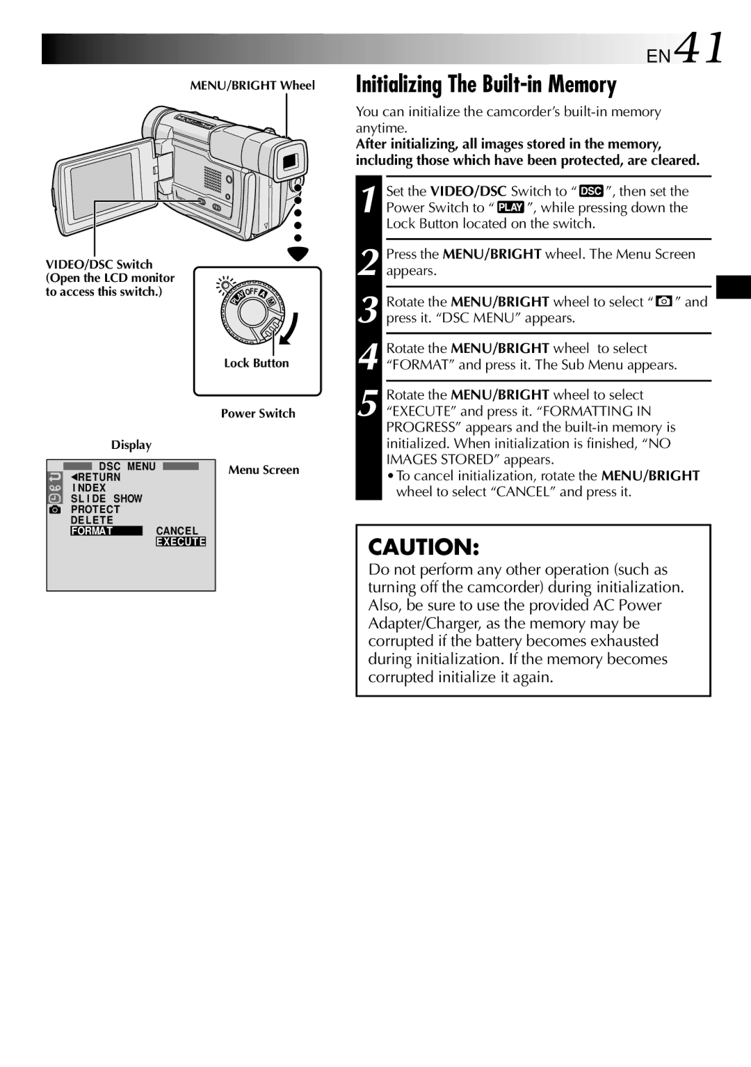 JVC GR-DVL805 Initializing The Built-in Memory, EN41, You can initialize the camcorder’s built-in memory anytime 