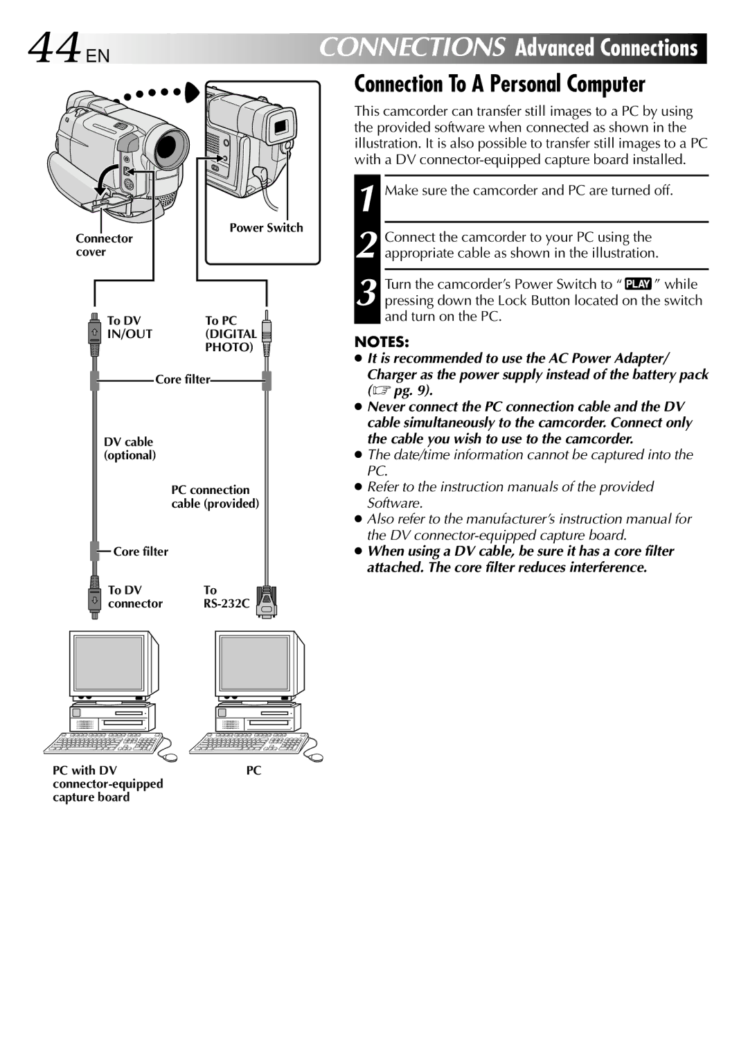 JVC GR-DVL505, GR-DVL805 44 EN, Connection To a Personal Computer, Date/time information cannot be captured into the PC 