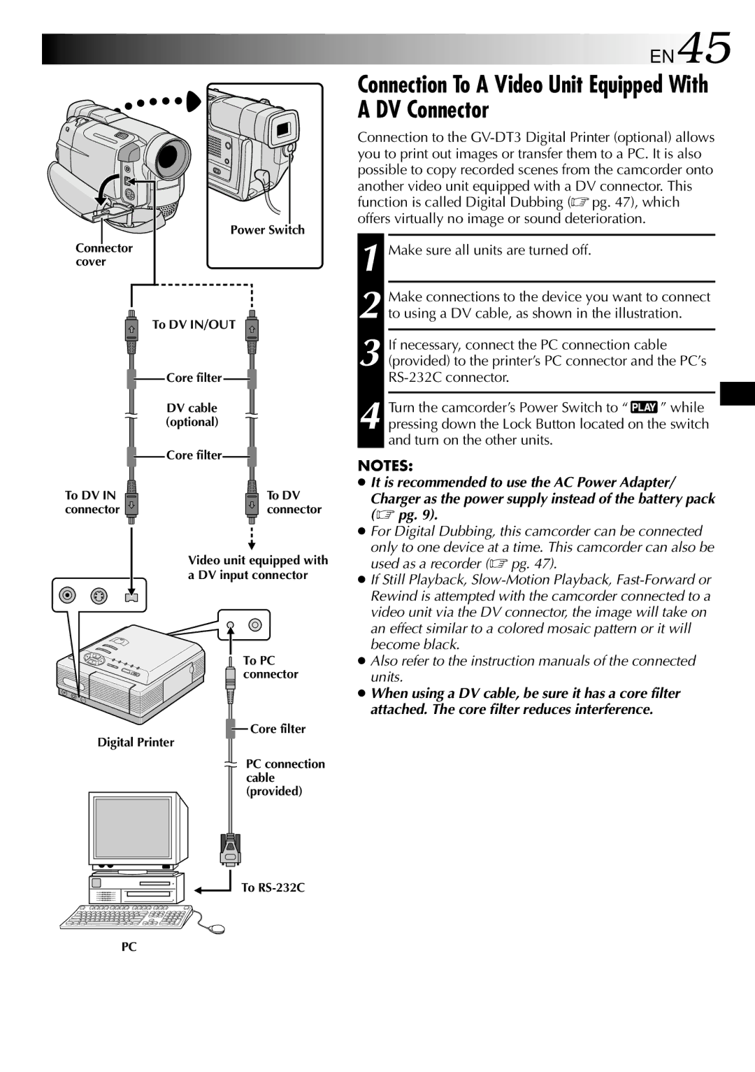 JVC GR-DVL805, GR-DVL505 Connection To a Video Unit Equipped With a DV Connector, EN45, Make sure all units are turned off 