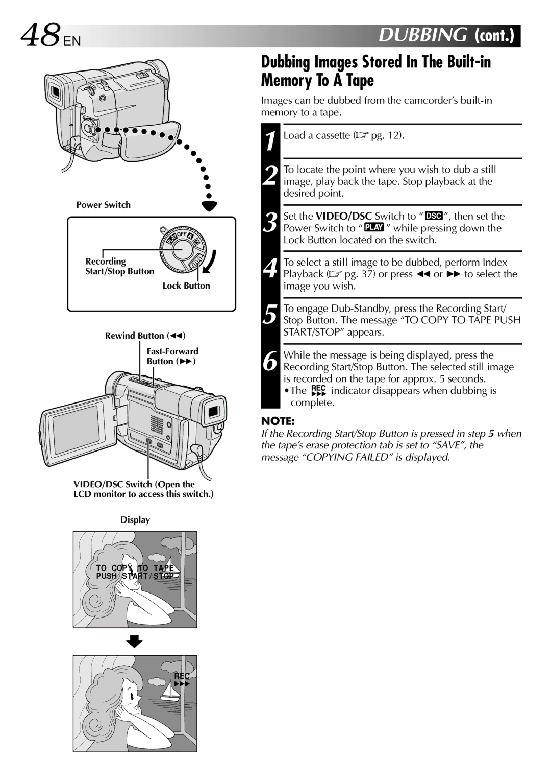 JVC GR-DVL505, GR-DVL805 specifications 48 EN, Memory To a Tape, Indicator disappears when dubbing is complete 