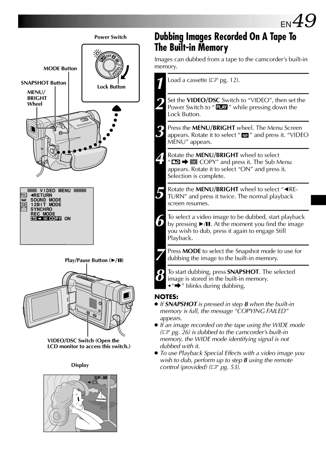 JVC GR-DVL805, GR-DVL505 specifications Dubbing Images Recorded On a Tape To The Built-in Memory, EN49 