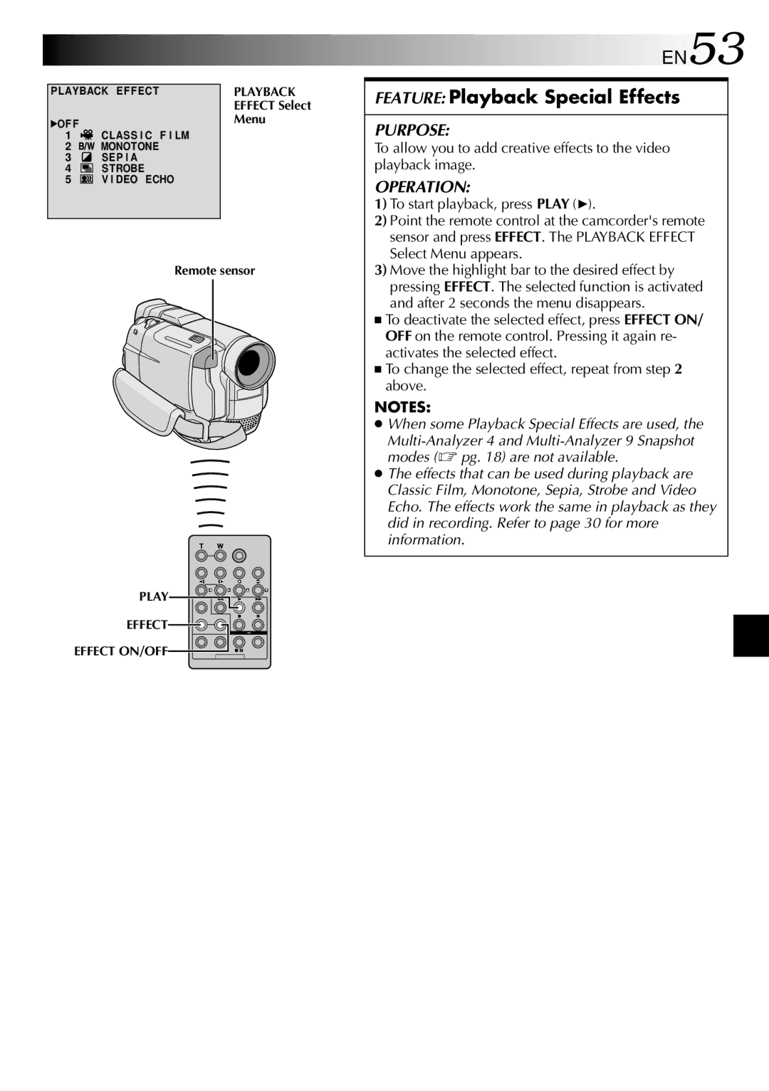 JVC GR-DVL805, GR-DVL505 specifications EN53, Feature Playback Special Effects 